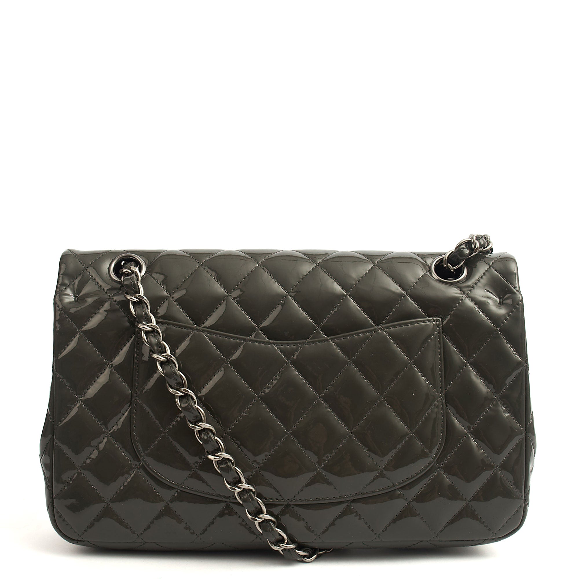 Chanel Shoulder Bag Classic Double Flap - Medium in Grey, Patent Leather — Back View