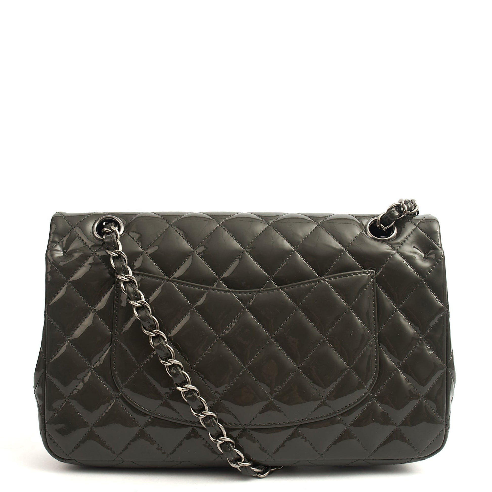 Chanel Shoulder Bag Classic Double Flap - Medium in Grey, Patent Leather — Alternate View 14