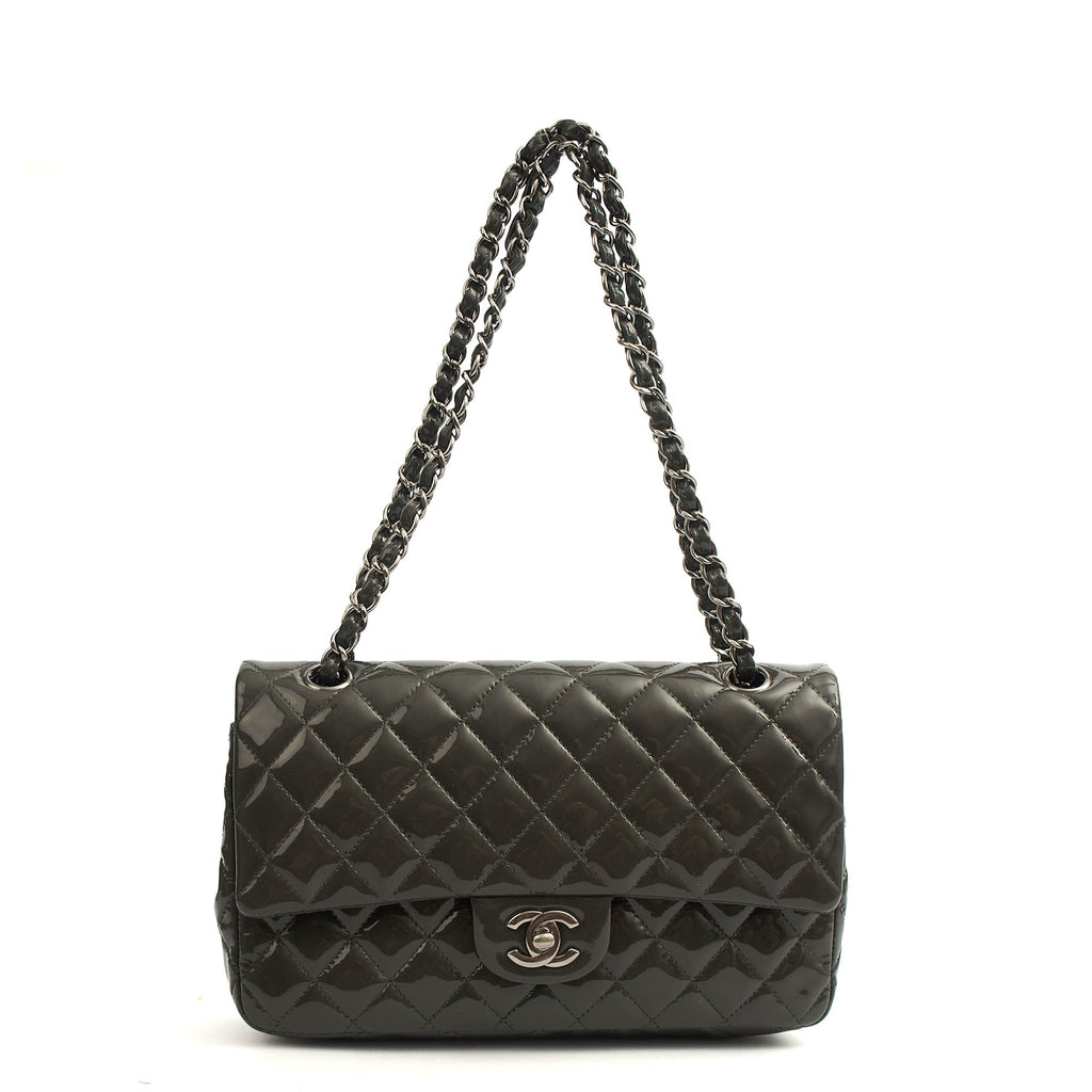 Chanel Shoulder Bag Classic Double Flap - Medium in Grey, Patent Leather — Detail View