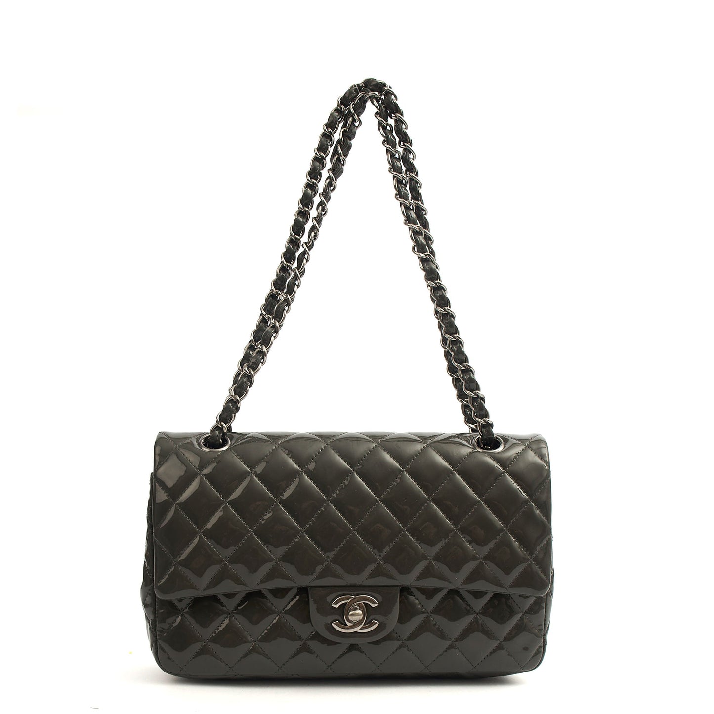 Chanel Shoulder Bag Classic Double Flap - Medium in Grey, Patent Leather — Alternate View 16