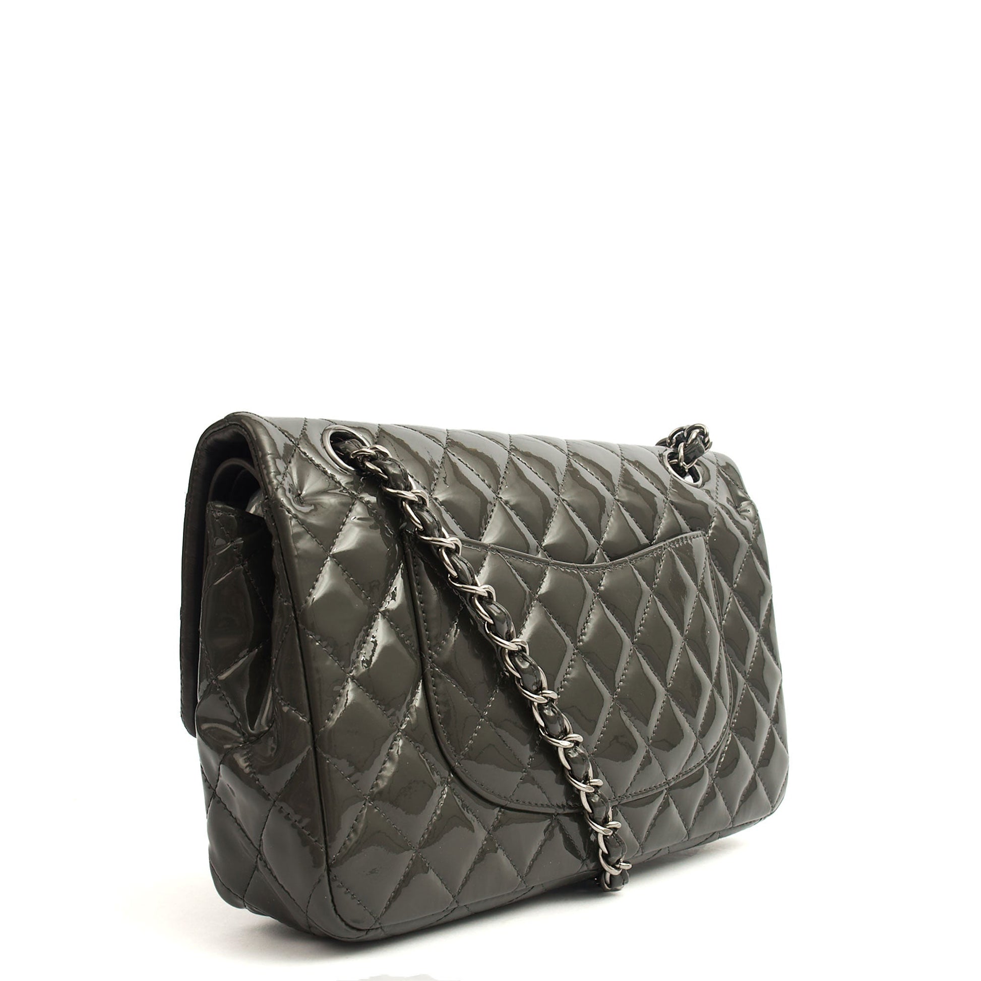 Chanel Shoulder Bag Classic Double Flap - Medium in Grey, Patent Leather — Side View
