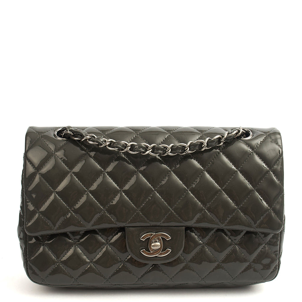 Chanel Shoulder Bag Classic Double Flap - Medium in Grey, Patent Leather — Front View