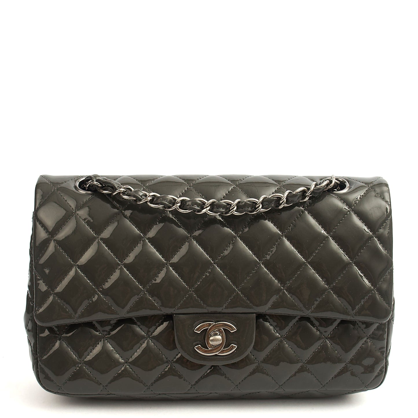 Chanel Shoulder Bag Classic Double Flap - Medium in Grey, Patent Leather — Front View