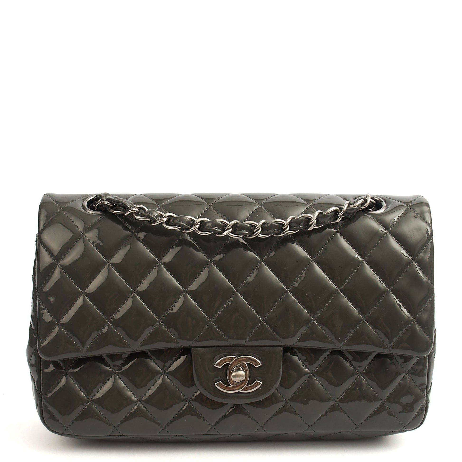 Chanel Shoulder Bag Classic Double Flap - Medium in Grey, Patent Leather — Alternate View 12