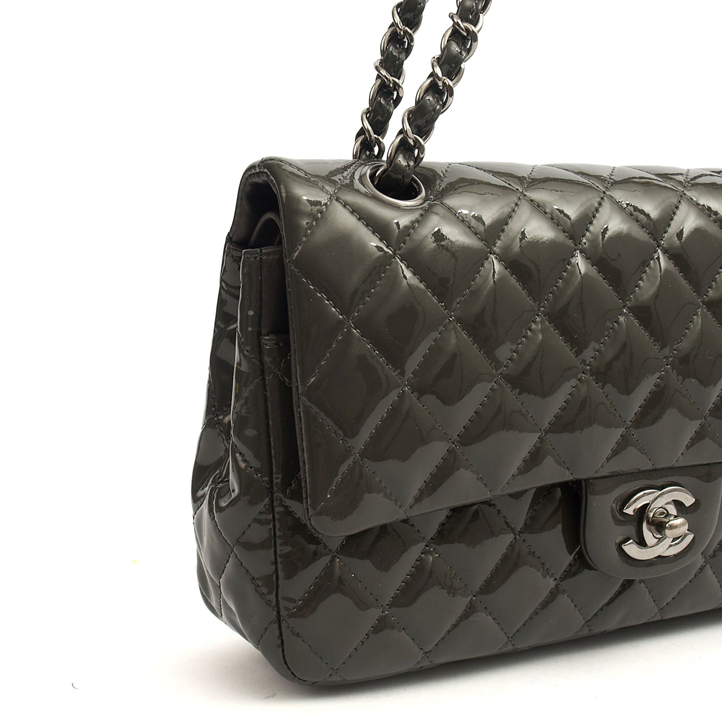Chanel Shoulder Bag Classic Double Flap - Medium in Grey, Patent Leather — Alternate View 8