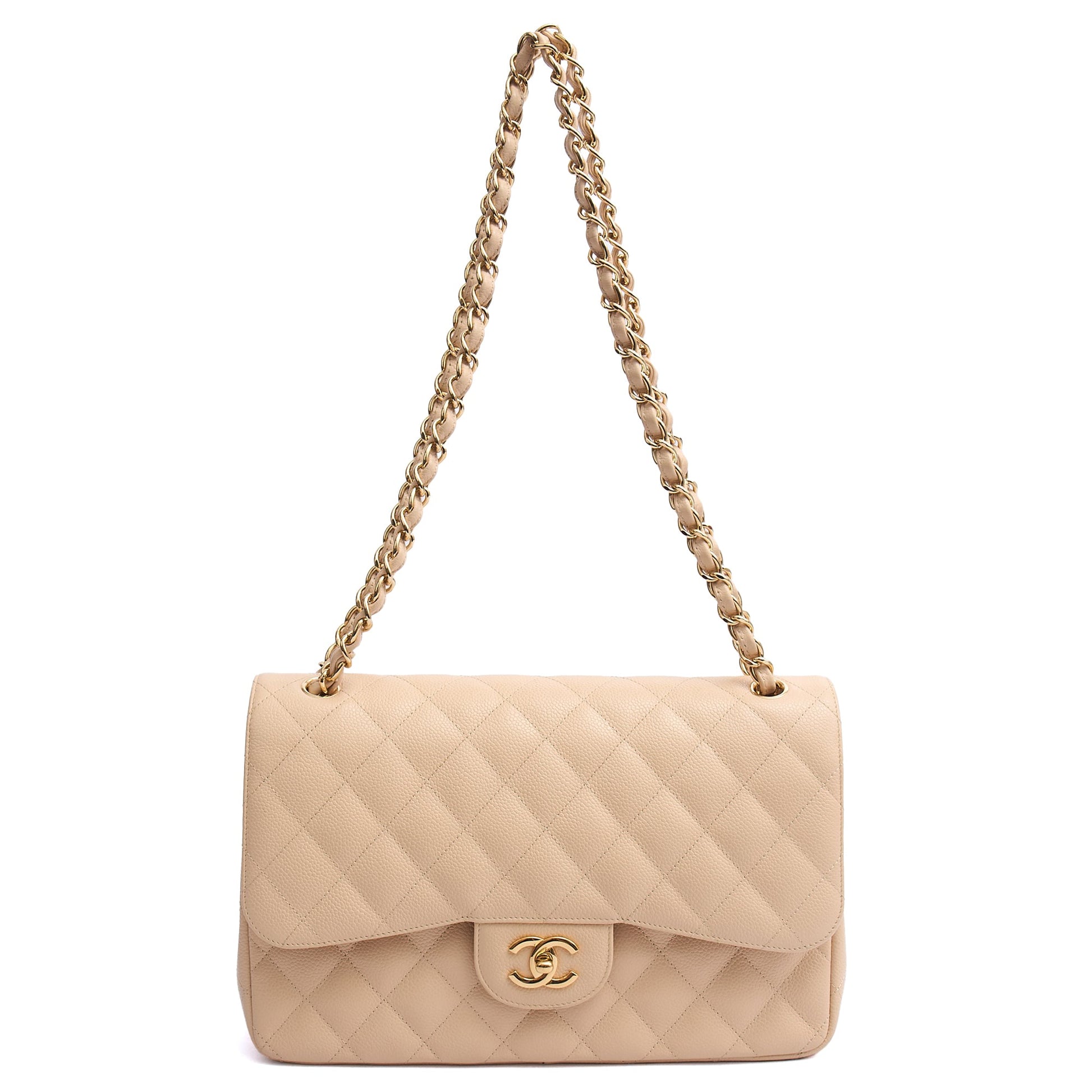 Chanel Shoulder Bag Classic Double Flap - Large in Neutral, Caviar Leather — Detail View