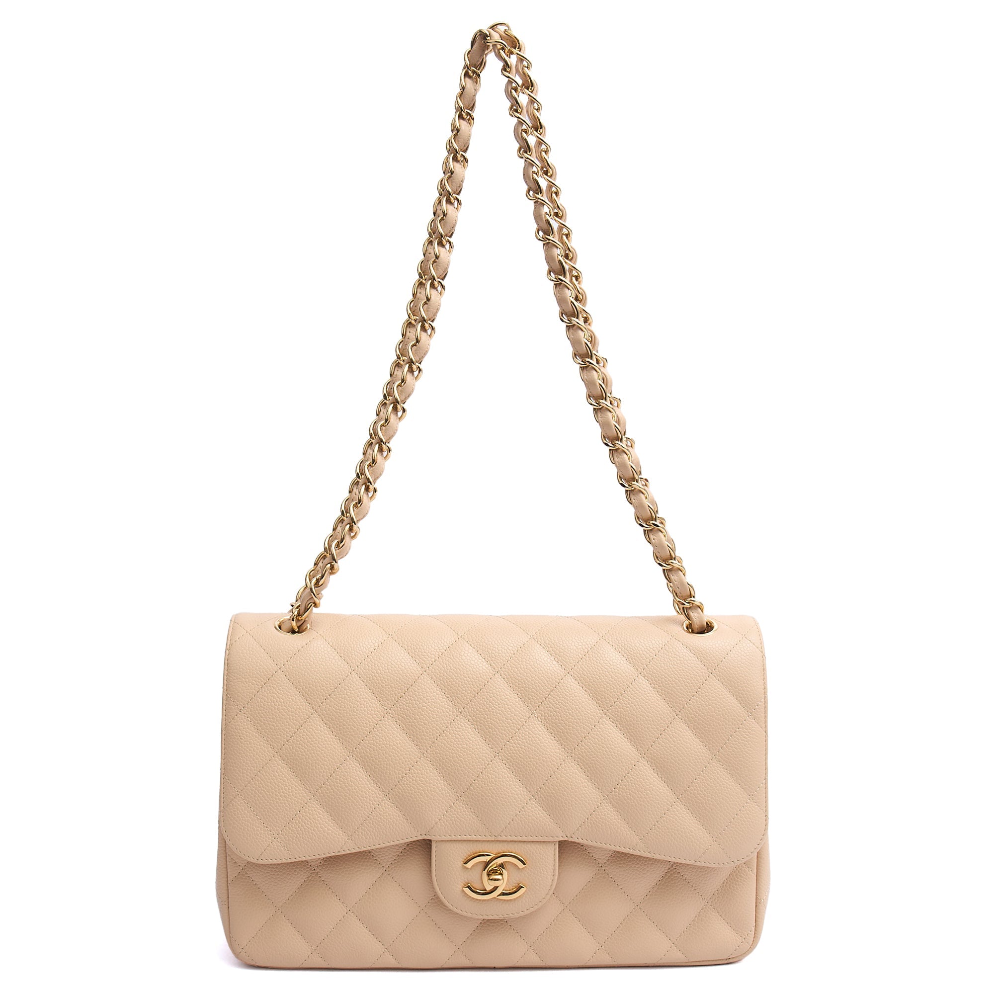 Chanel Shoulder Bag Classic Double Flap - Large in Neutral, Caviar Leather — Detail View