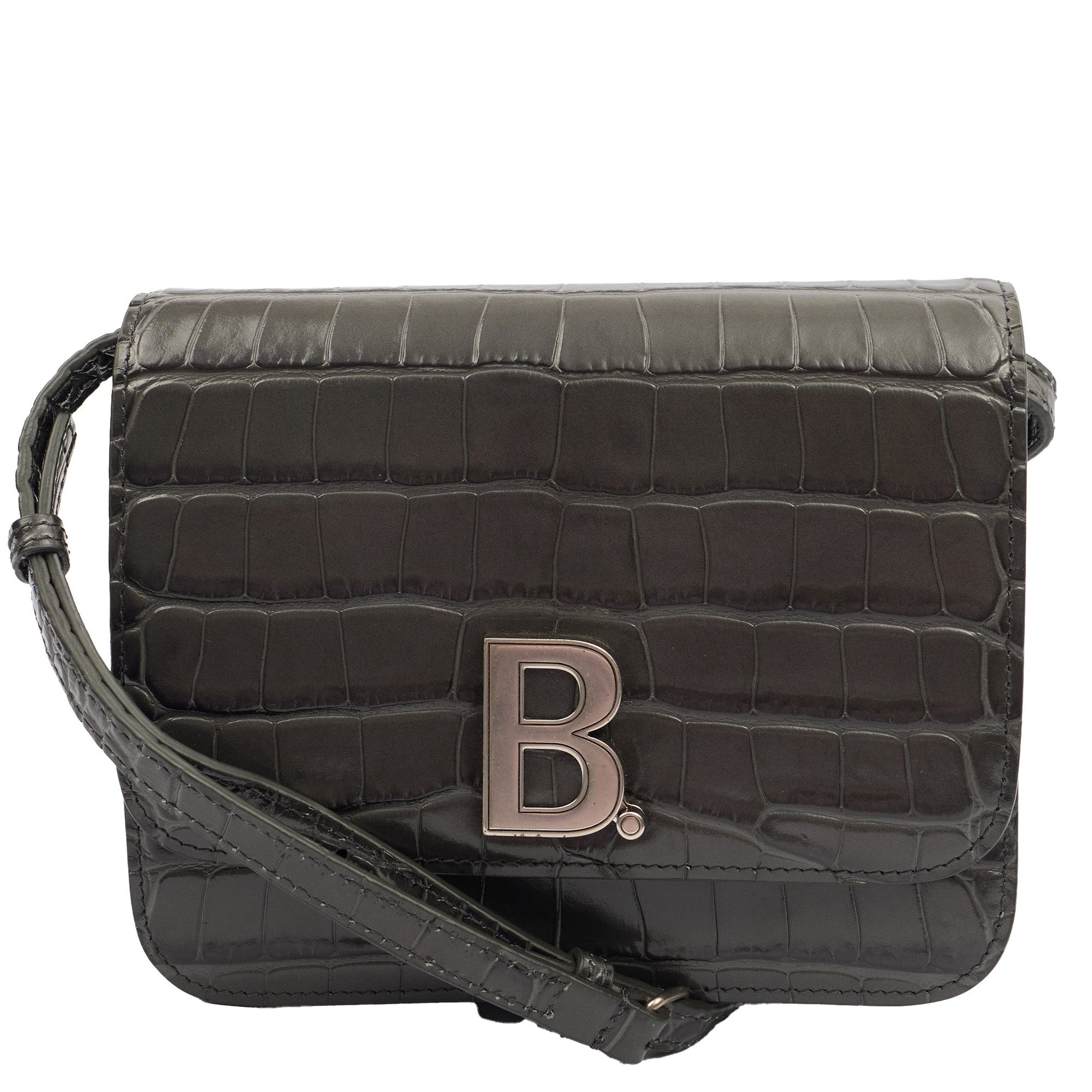 Balenciaga Cross Body B. Crossbody in Grey, Exotic Effect Leather — Front View