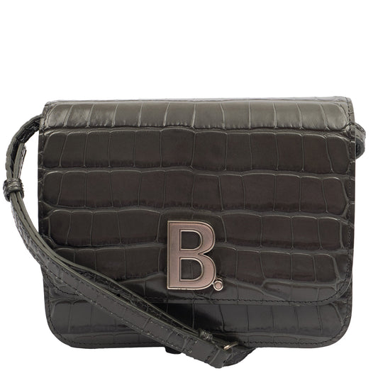 Balenciaga Cross Body B. Crossbody in Grey, Exotic Effect Leather — Front View