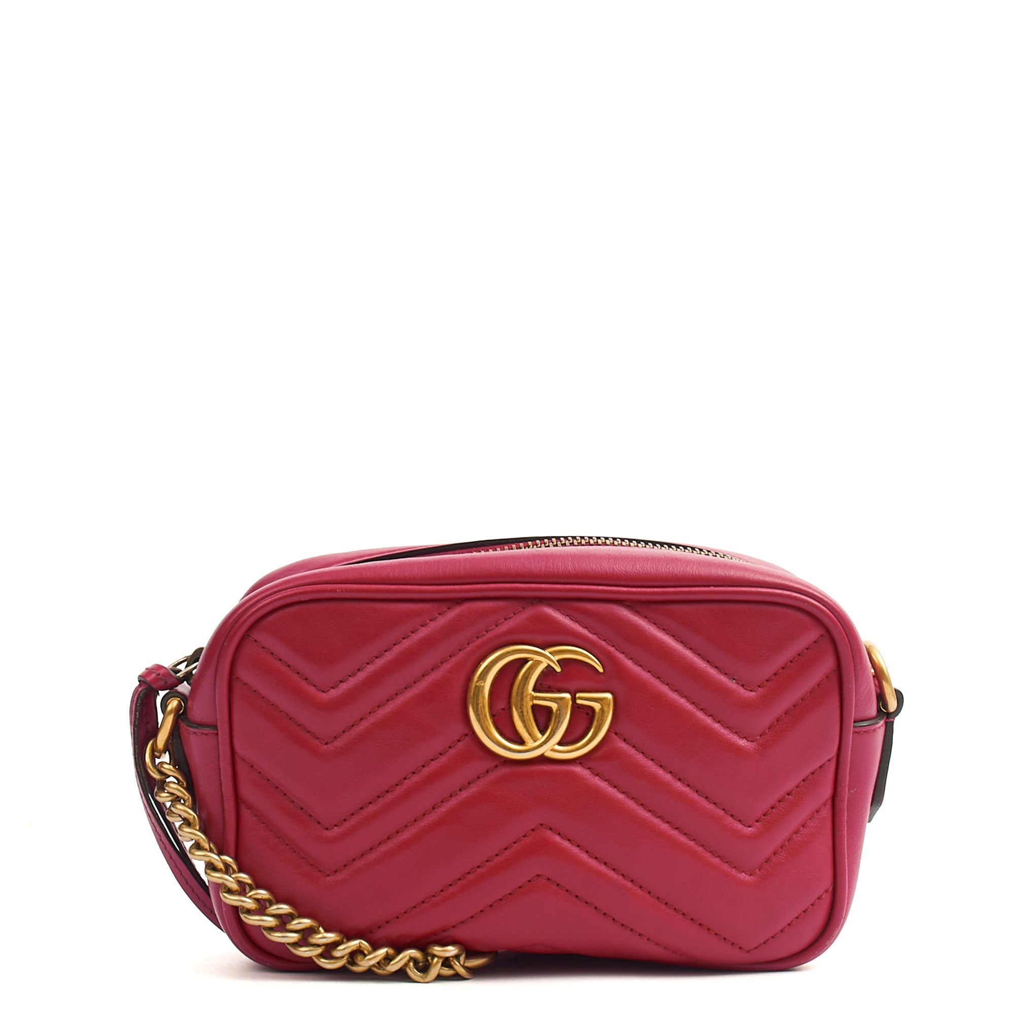 Gucci Cross Body Marmont Shoulder Bag - Small in Hibiscus Red, Leather — Front View