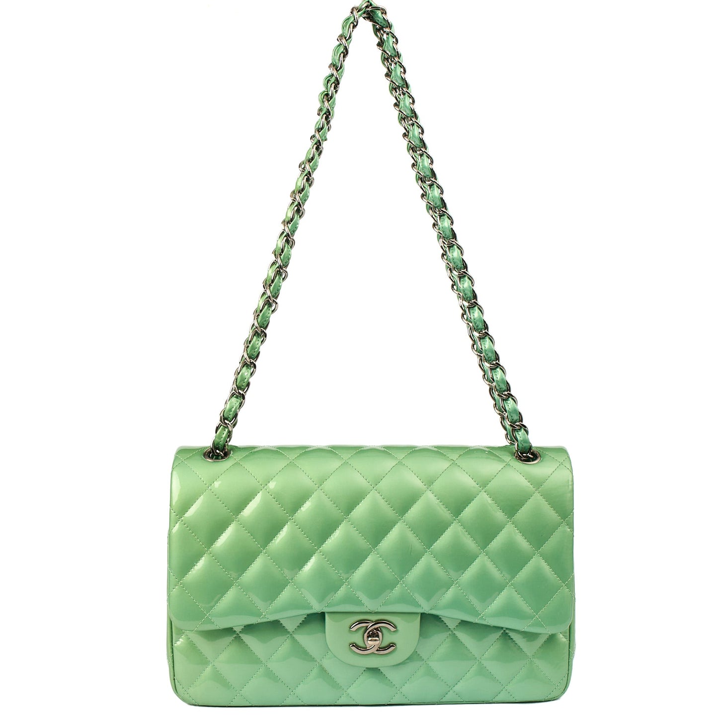 Chanel Shoulder Bag Classic Double Flap - Large in Green, Patent Leather — Detail View