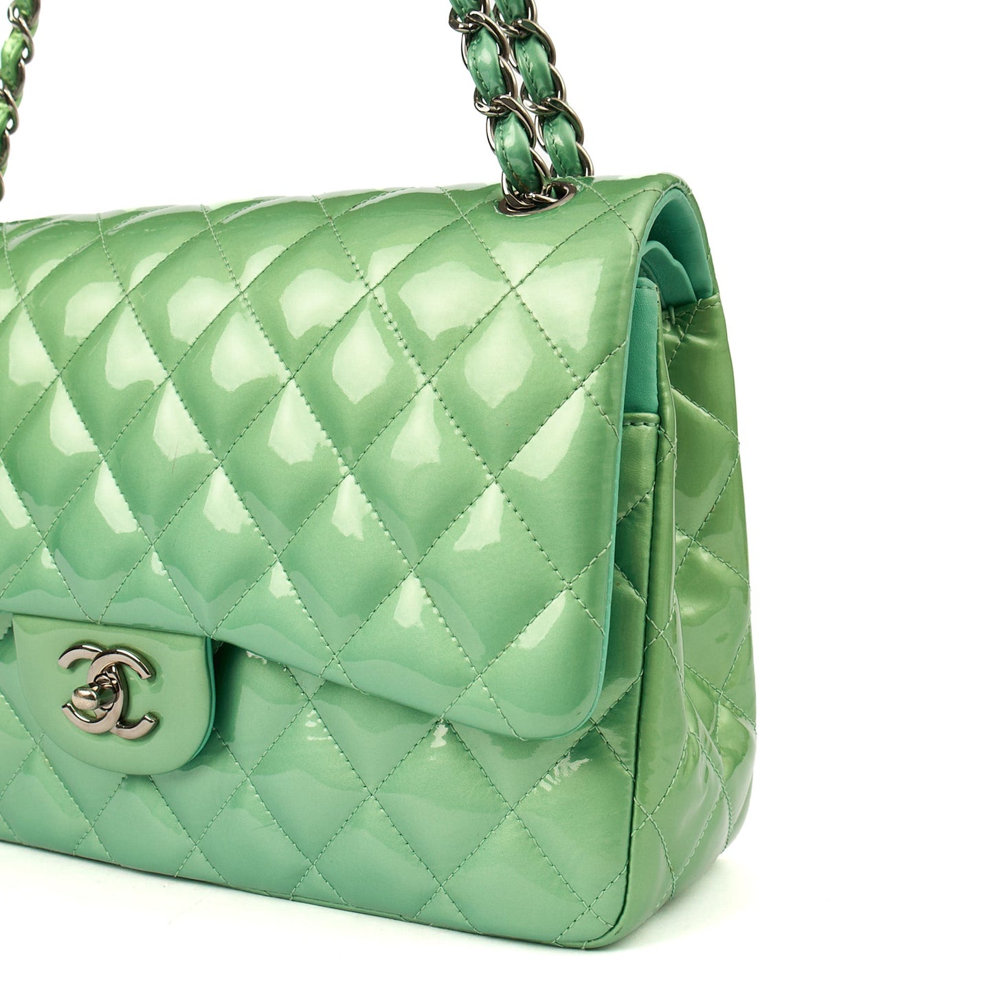 Chanel Shoulder Bag Classic Double Flap - Large in Green, Patent Leather — Alternate View 8