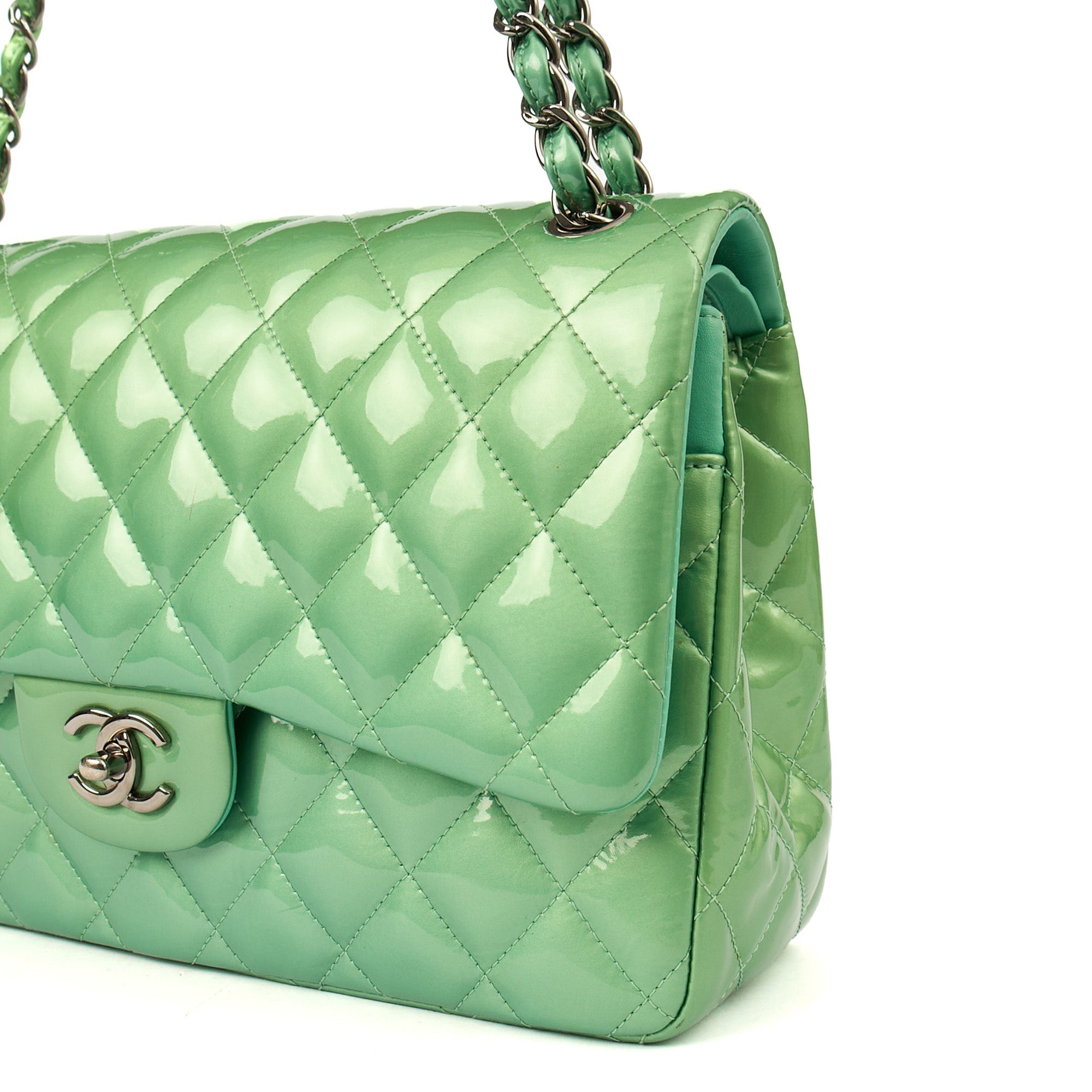 Chanel Shoulder Bag Classic Double Flap - Large in Green, Patent Leather — Alternate View 30