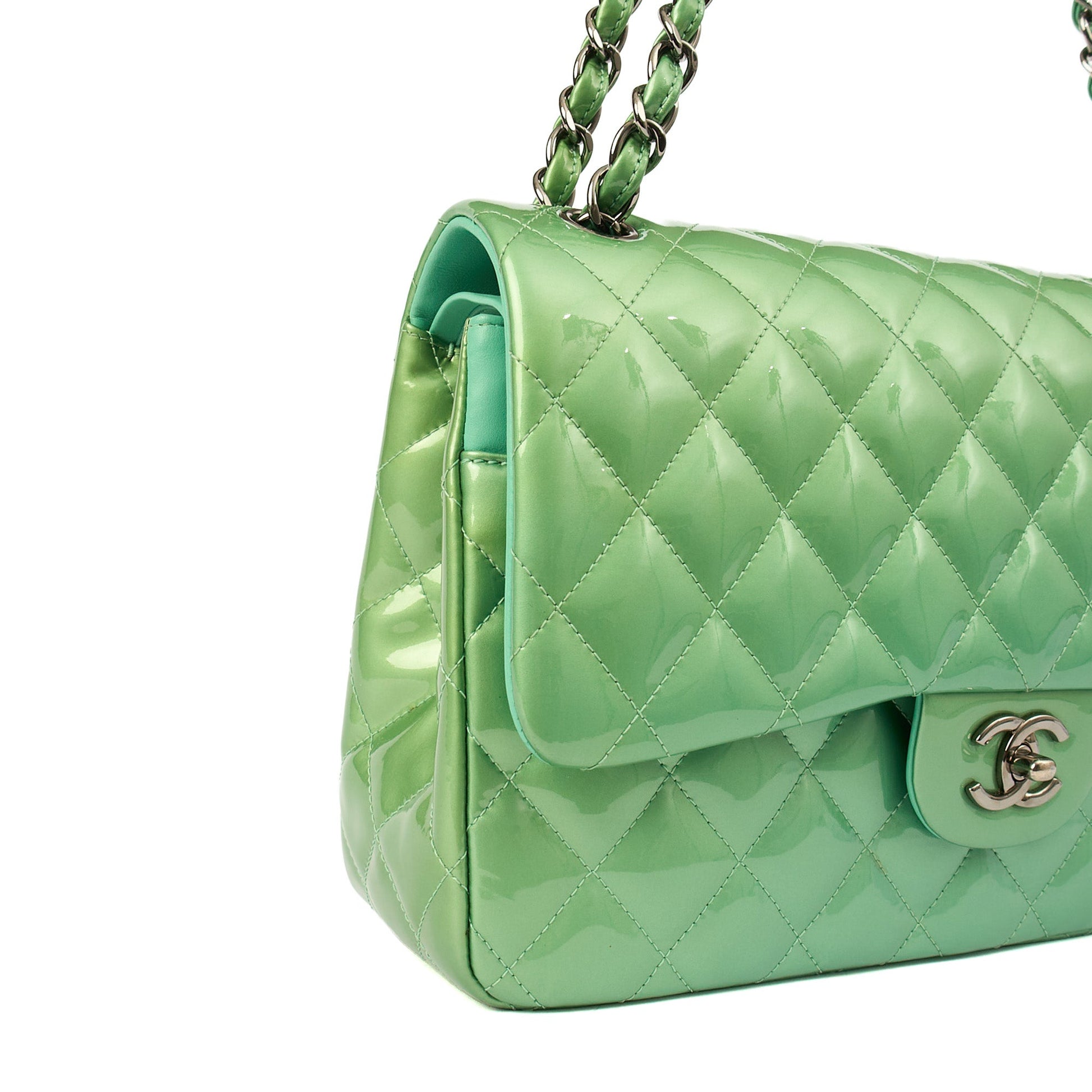 Chanel Shoulder Bag Classic Double Flap - Large in Green, Patent Leather — Alternate View 21