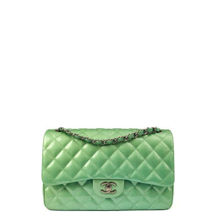 Chanel Shoulder Bag Classic Double Flap - Large in Green, Patent Leather — Front View