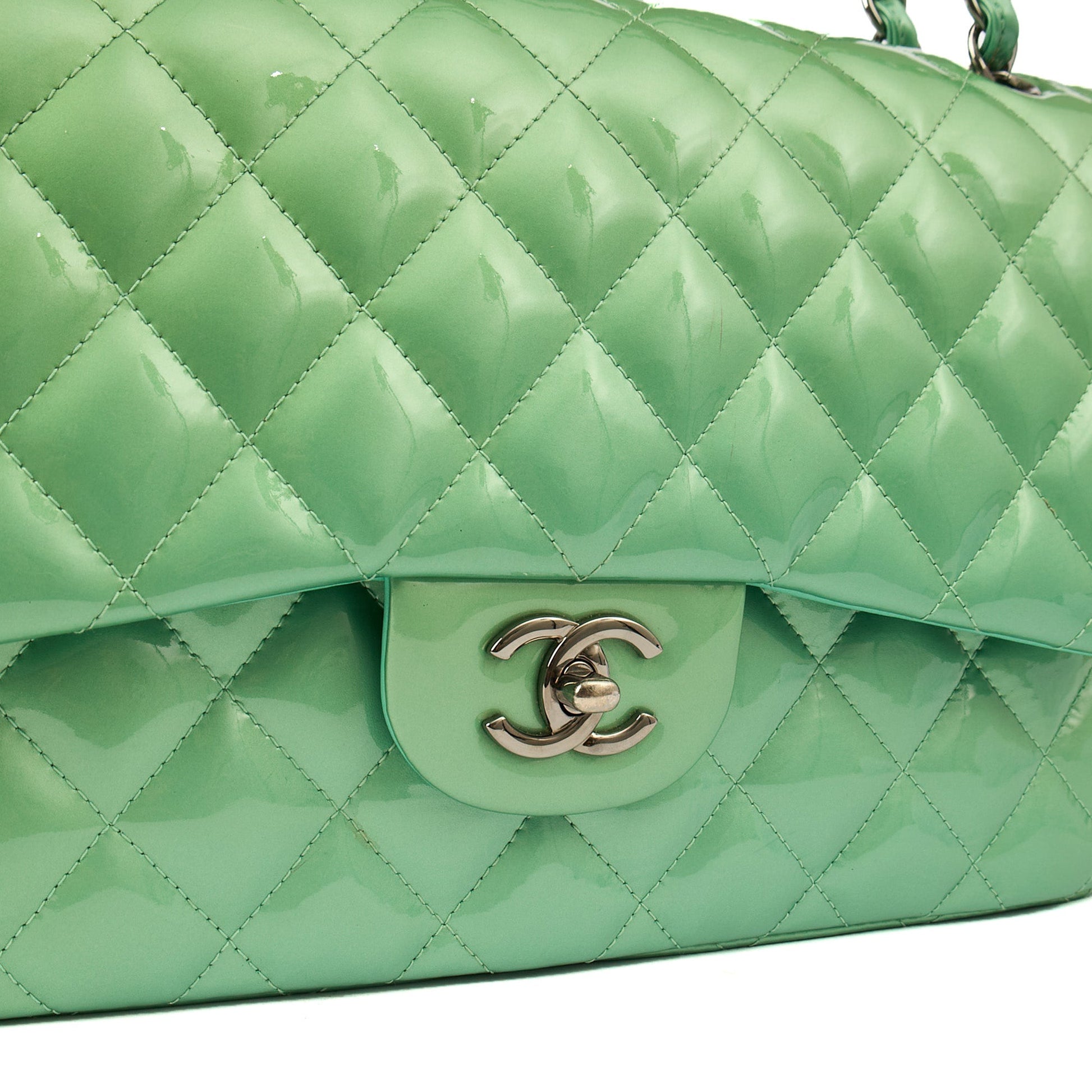 Chanel Shoulder Bag Classic Double Flap - Large in Green, Patent Leather — Lifestyle View