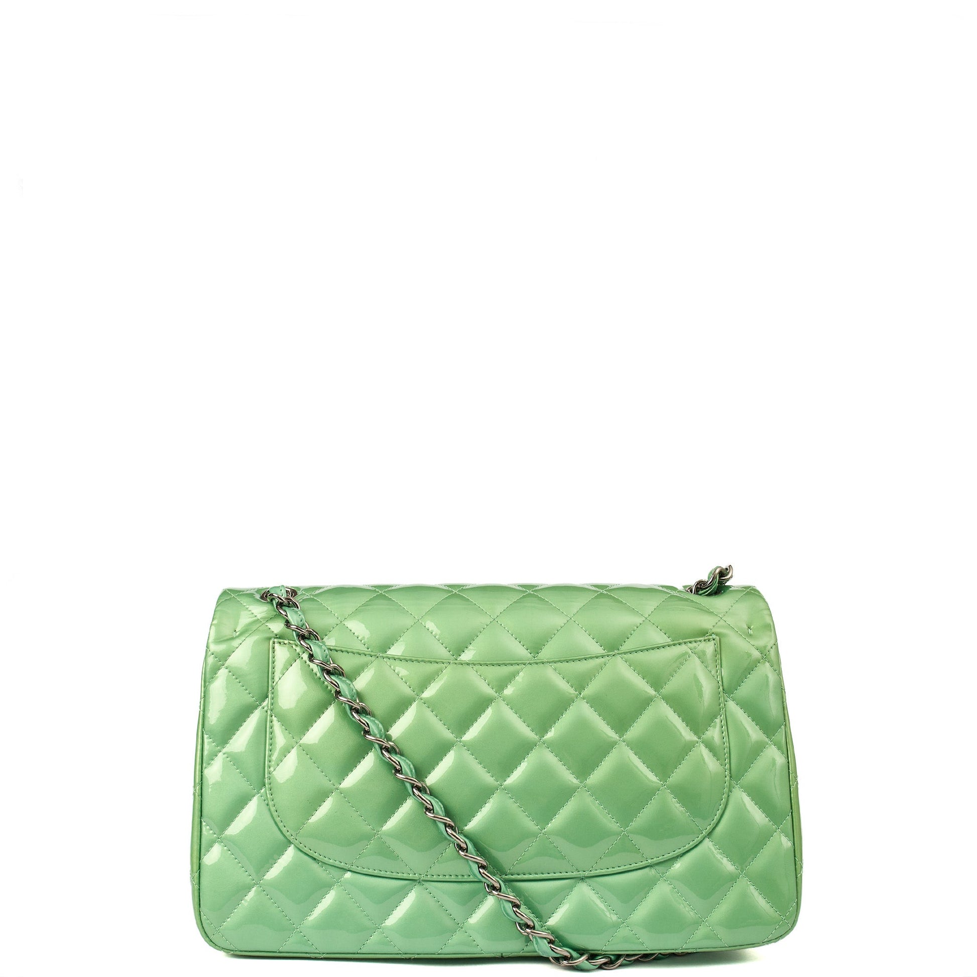 Chanel Shoulder Bag Classic Double Flap - Large in Green, Patent Leather — Back View