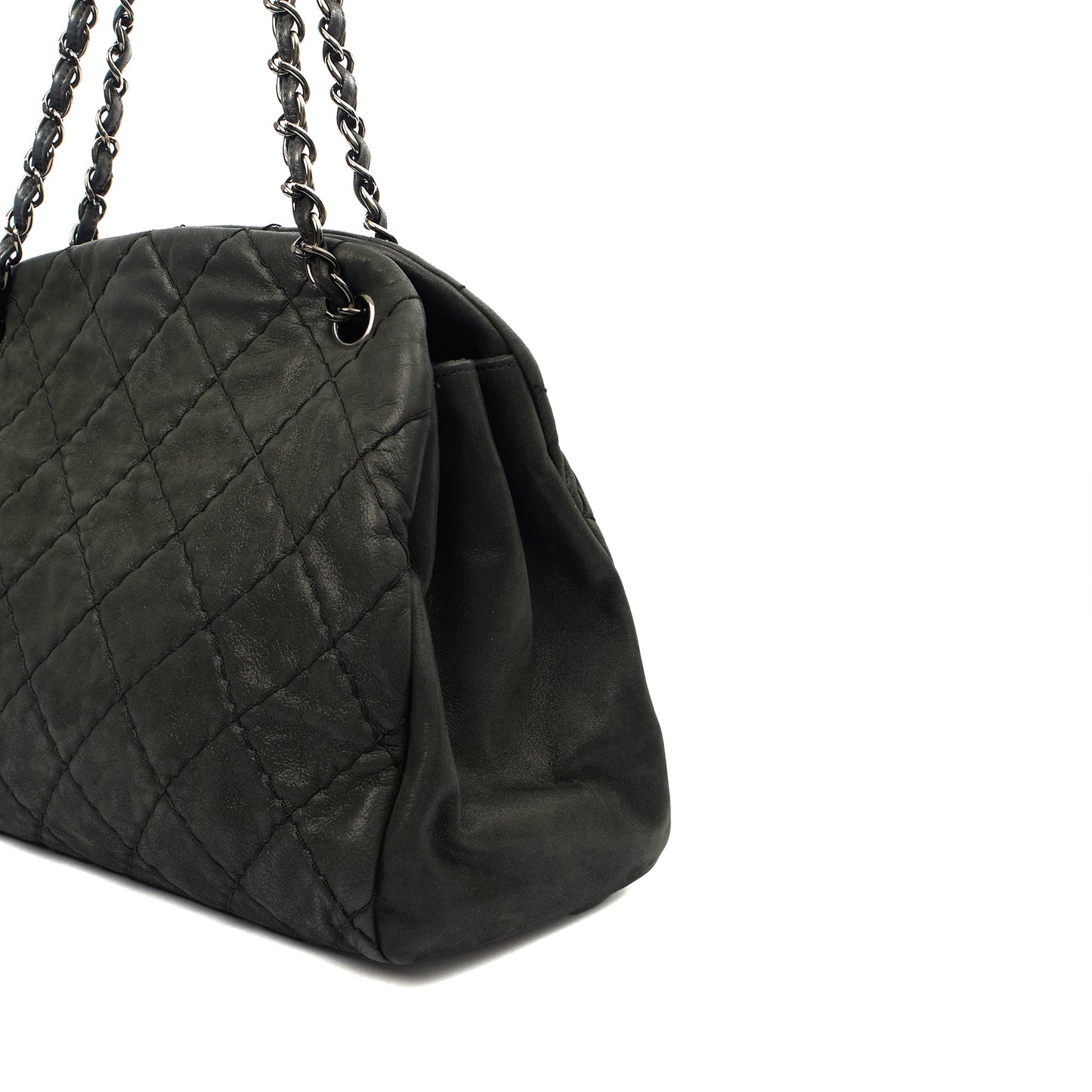 Chanel Tote Mademoiselle Bowling Bag - Medium in Black, Nubuck — Detail View