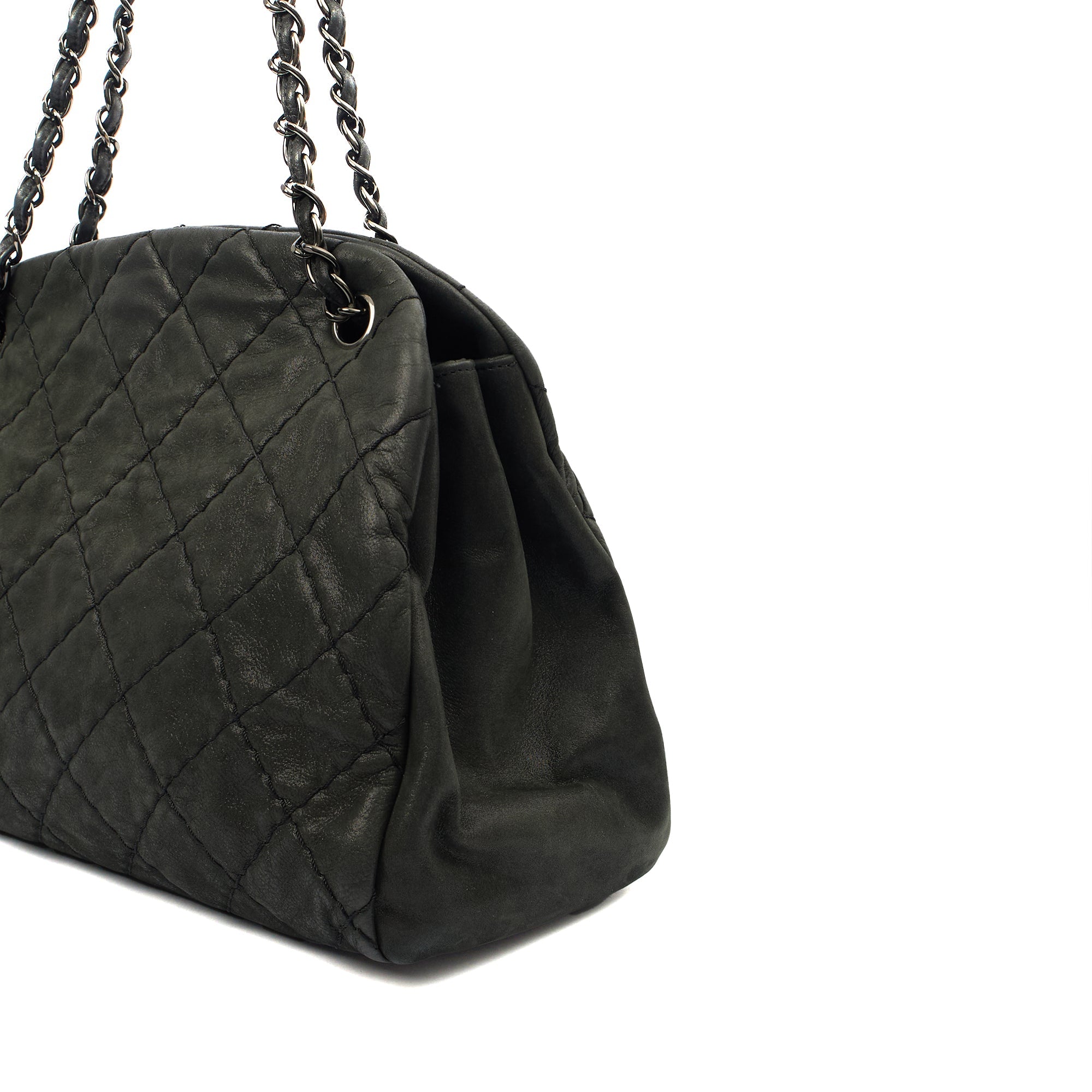 Chanel Tote Mademoiselle Bowling Bag - Medium in Black, Nubuck — Detail View
