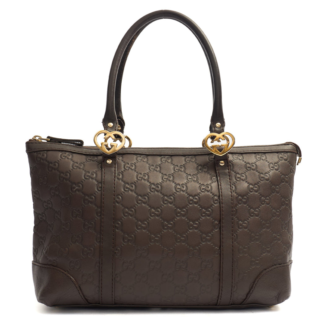 Gucci Tote Lovely Heart GG Interlocking Tote in Brown, Guccissima — Front View