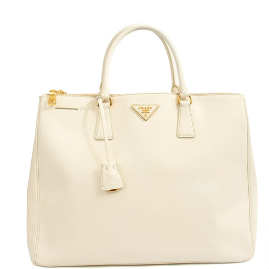 Prada Tote Galleria - Large Double Zip Tote in White, Saffiano Leather — Front View