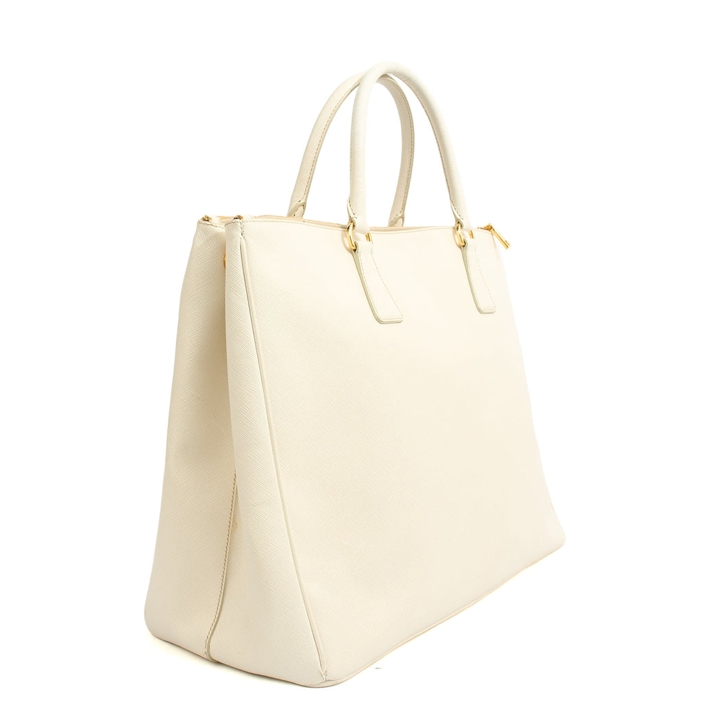 Prada Tote Galleria - Large Double Zip Tote in White, Saffiano Leather — Back View