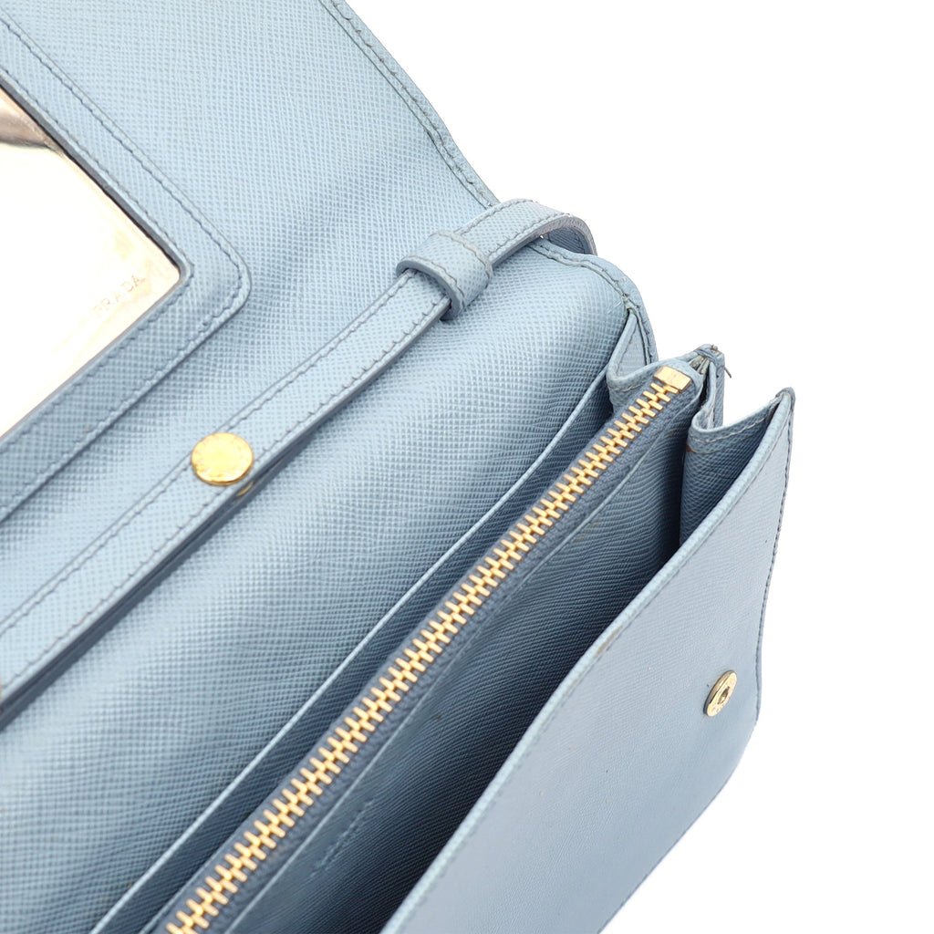 Prada Cross Body Crossbody in Blue, Saffiano Leather — Detail View
