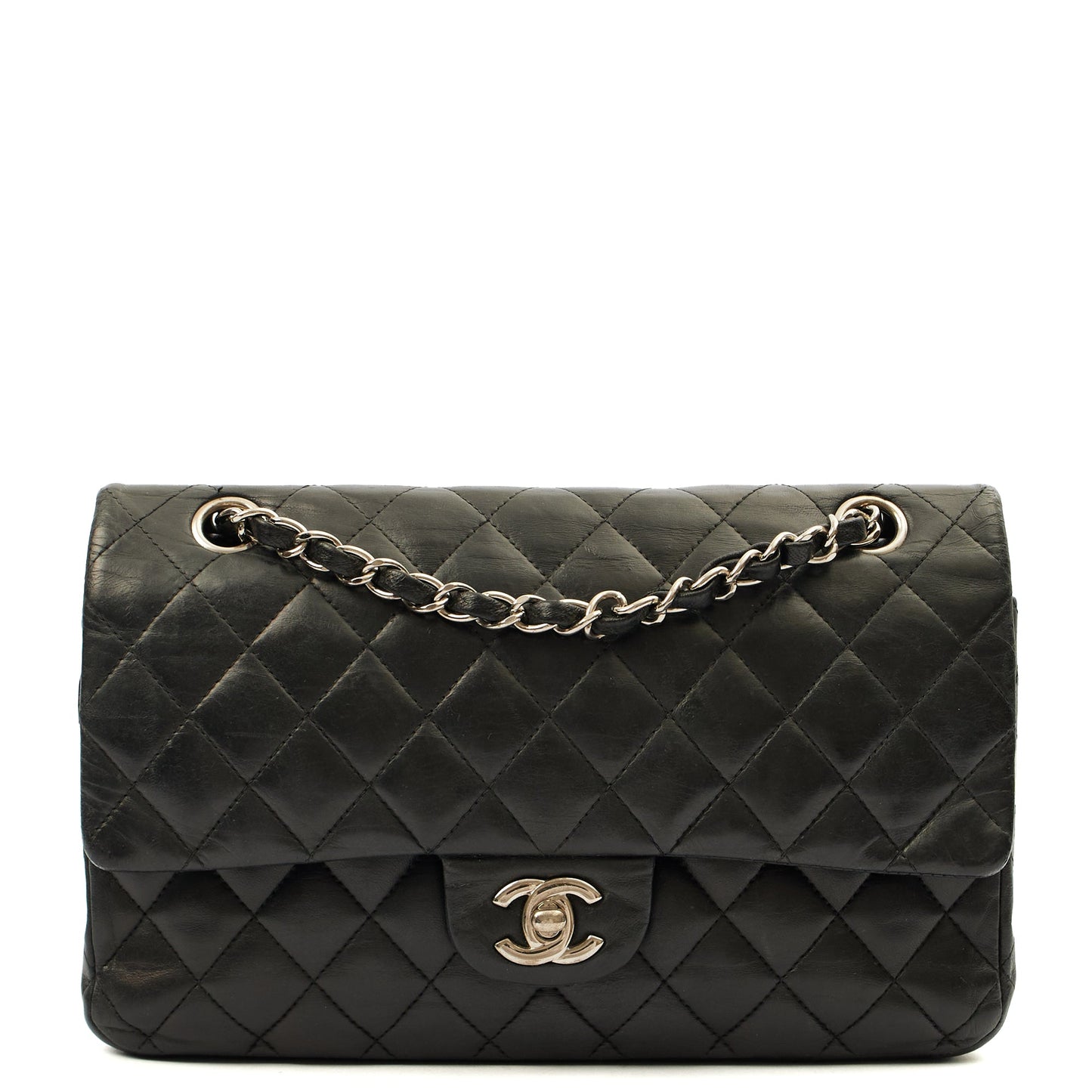 Chanel Cross Body Classic Double Flap - Medium in Black, Calfskin Leather — Front View