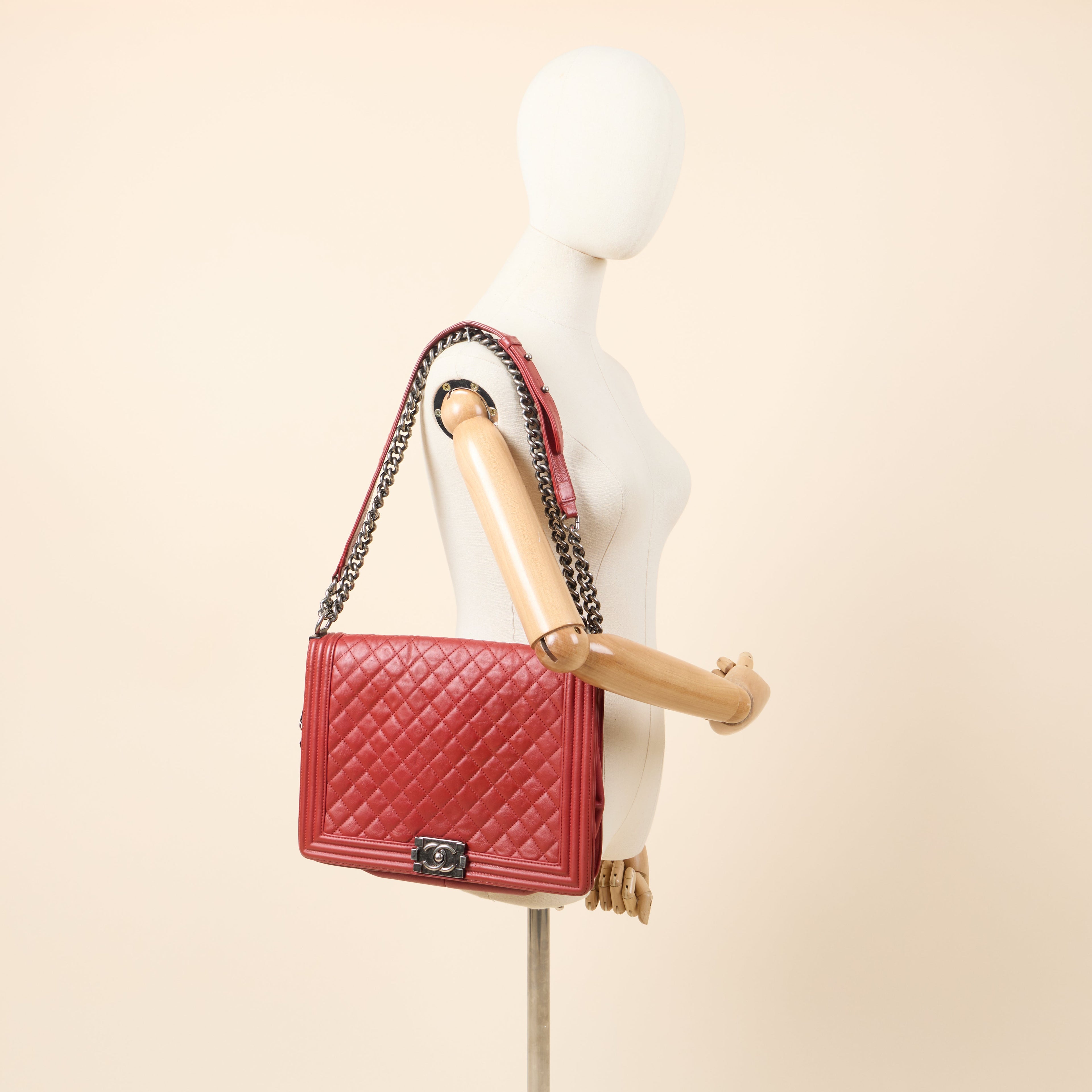Chanel Shoulder Bag Boy - Large in Red, Lambskin Leather — Side View