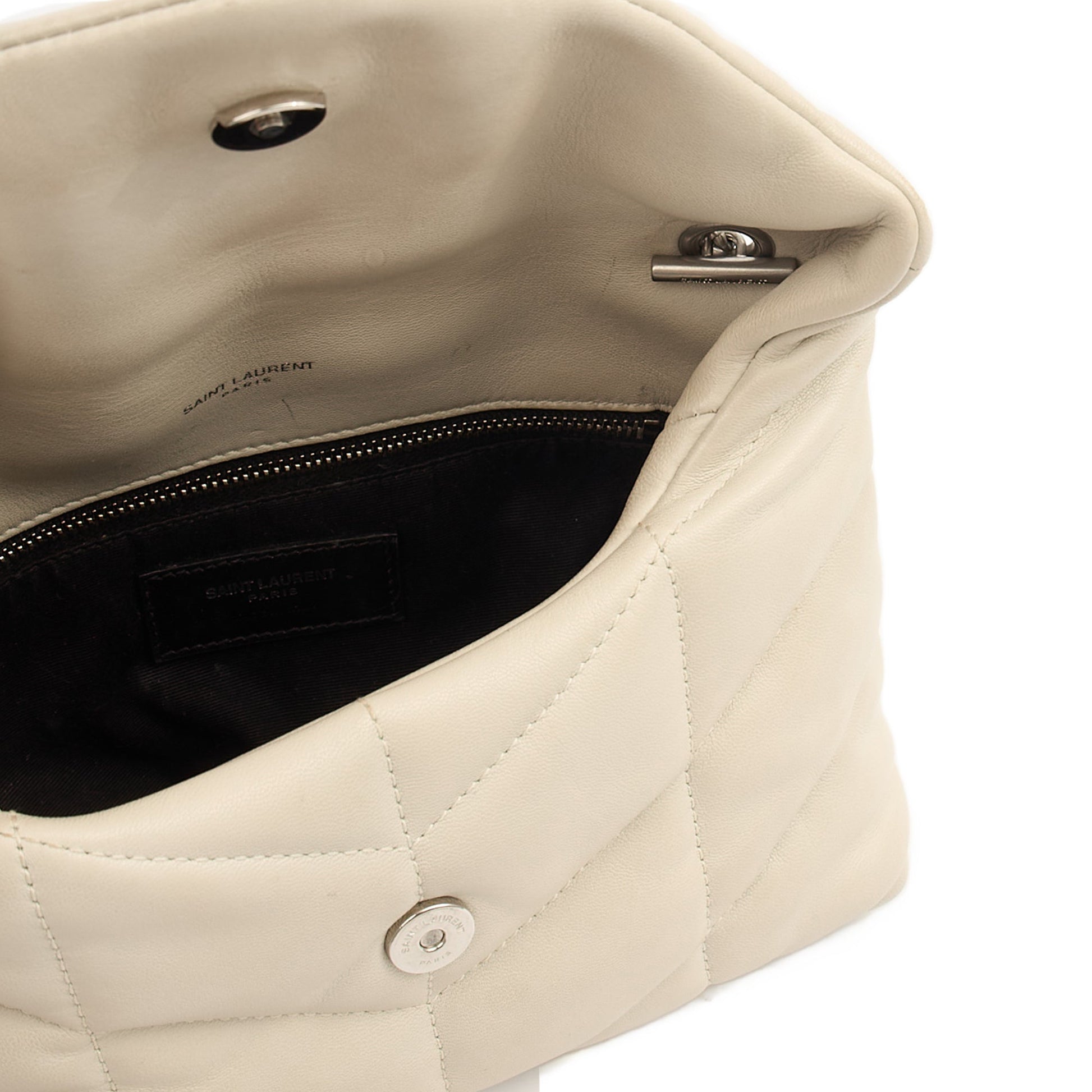 Saint Laurent Cross Body Puffer - Toy in Cream, Leather — Detail View
