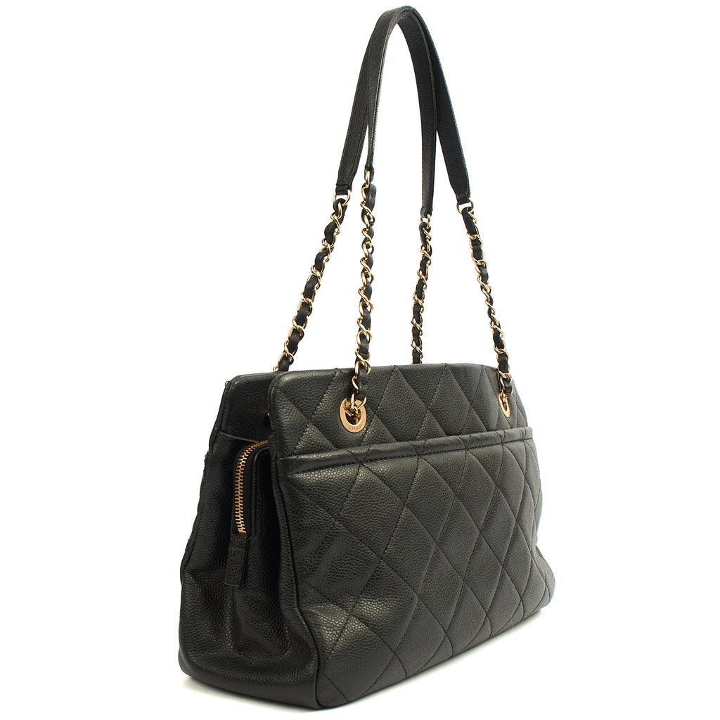 Chanel Tote Timeless CC Shopper in Black, Caviar Leather — Side View