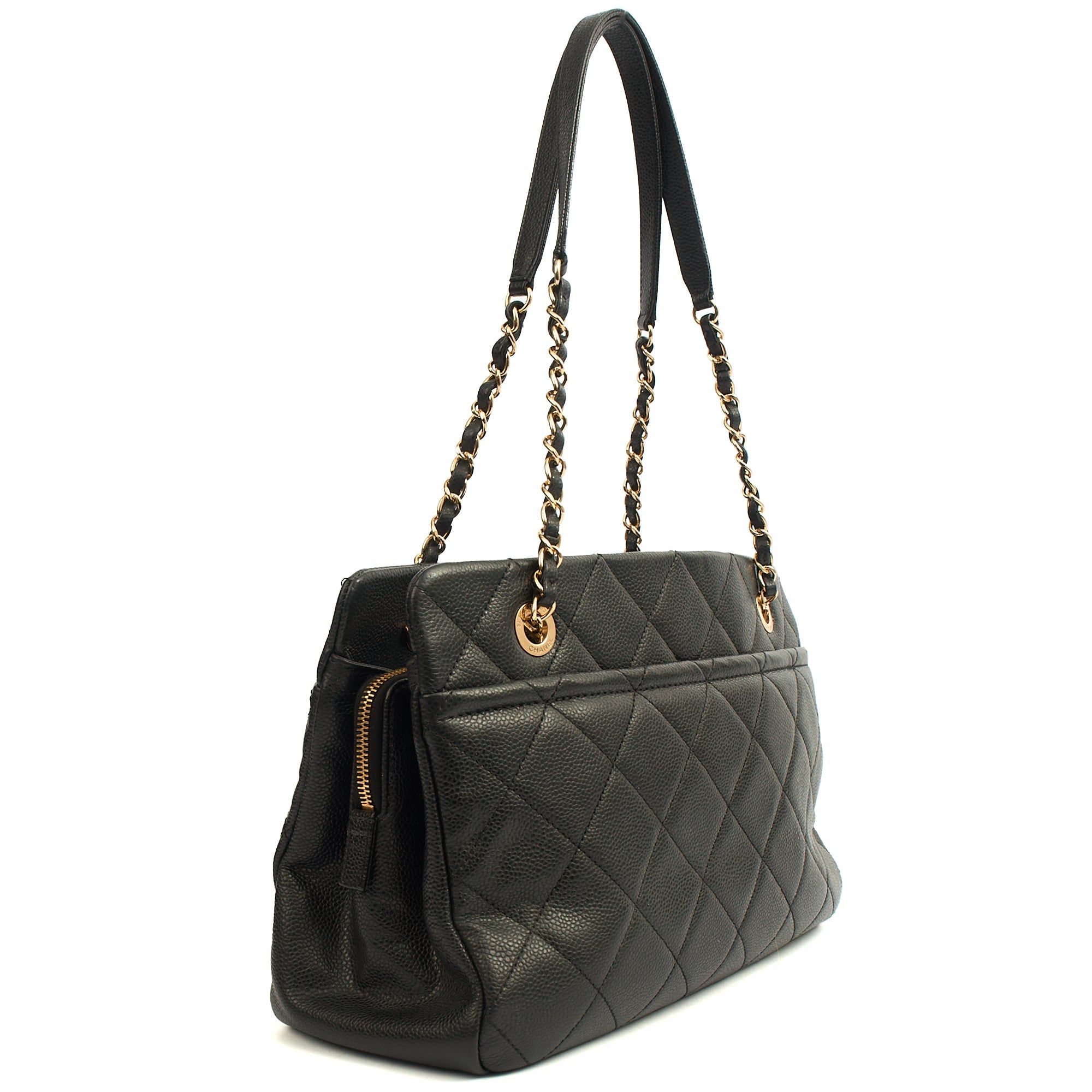 Chanel Tote Timeless CC Shopper in Black, Caviar Leather — Side View