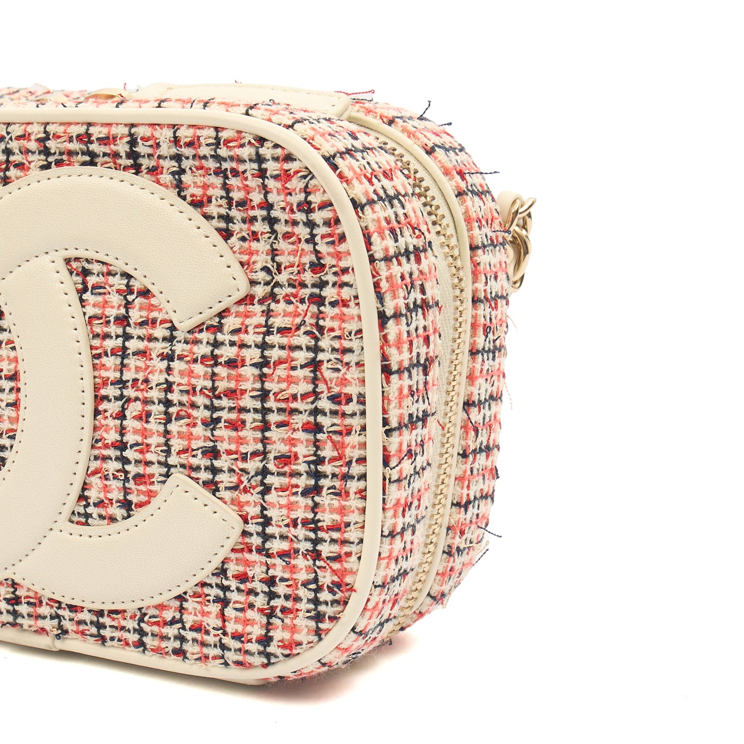 Chanel Cross Body Camera Bag in White, Fabric — Lifestyle View