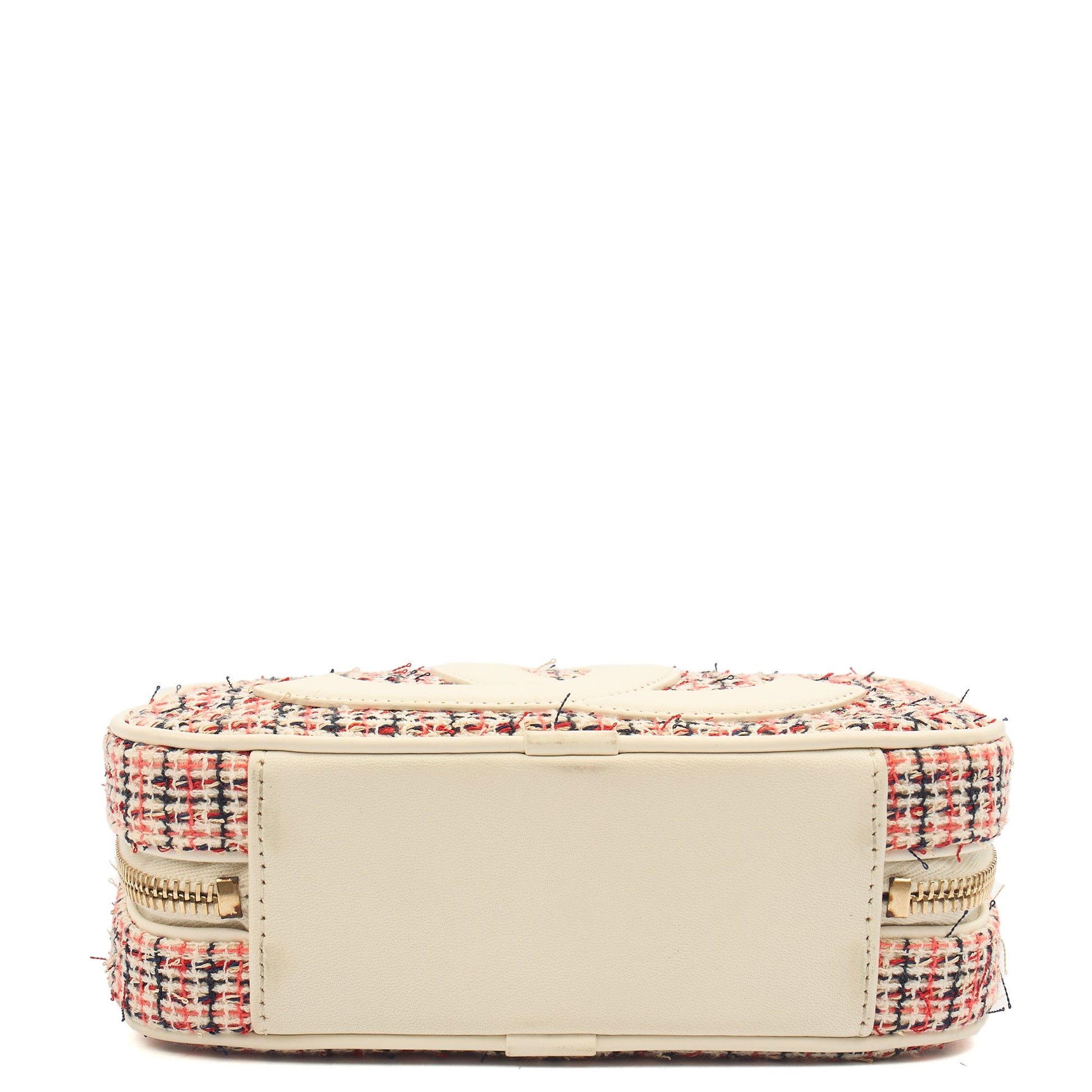 Chanel Cross Body Camera Bag in White, Fabric — Detail View
