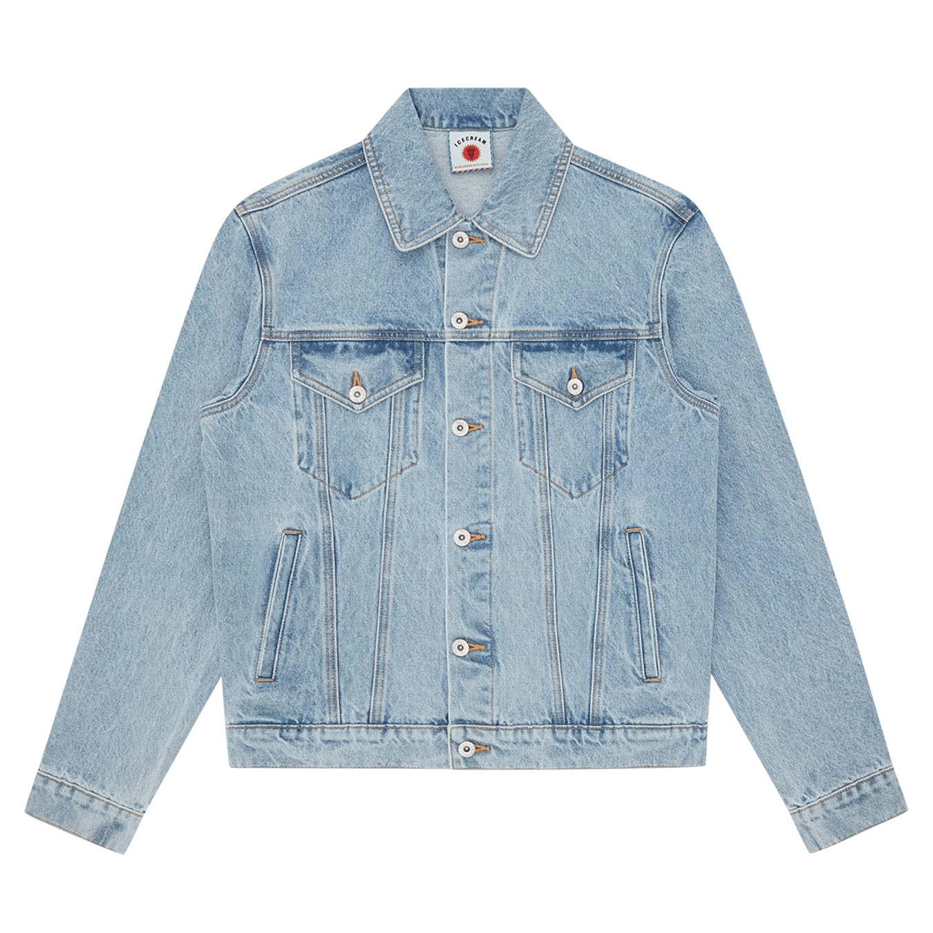ICECREAM Running Dog Denim Trucker Jacket 'Light Wash Blue' — XXS — Front View