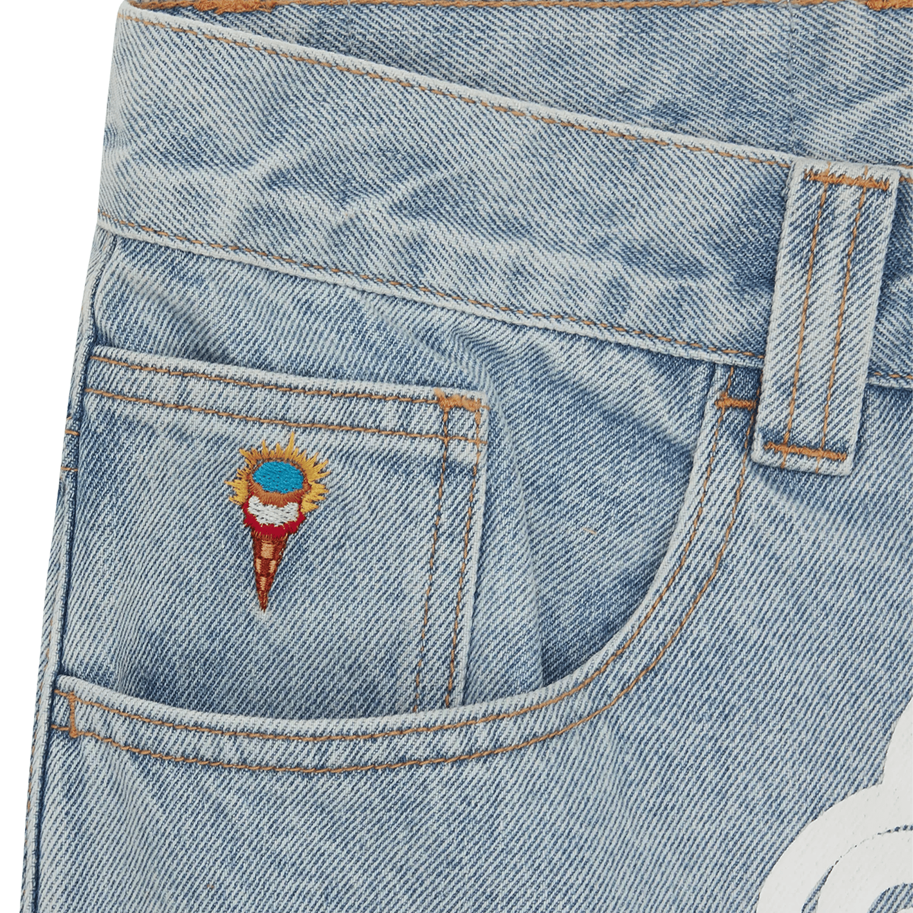 ICECREAM Running Dog Double Scoop Denim Pants 'Heavy Wash Blue' — XXS — Top View