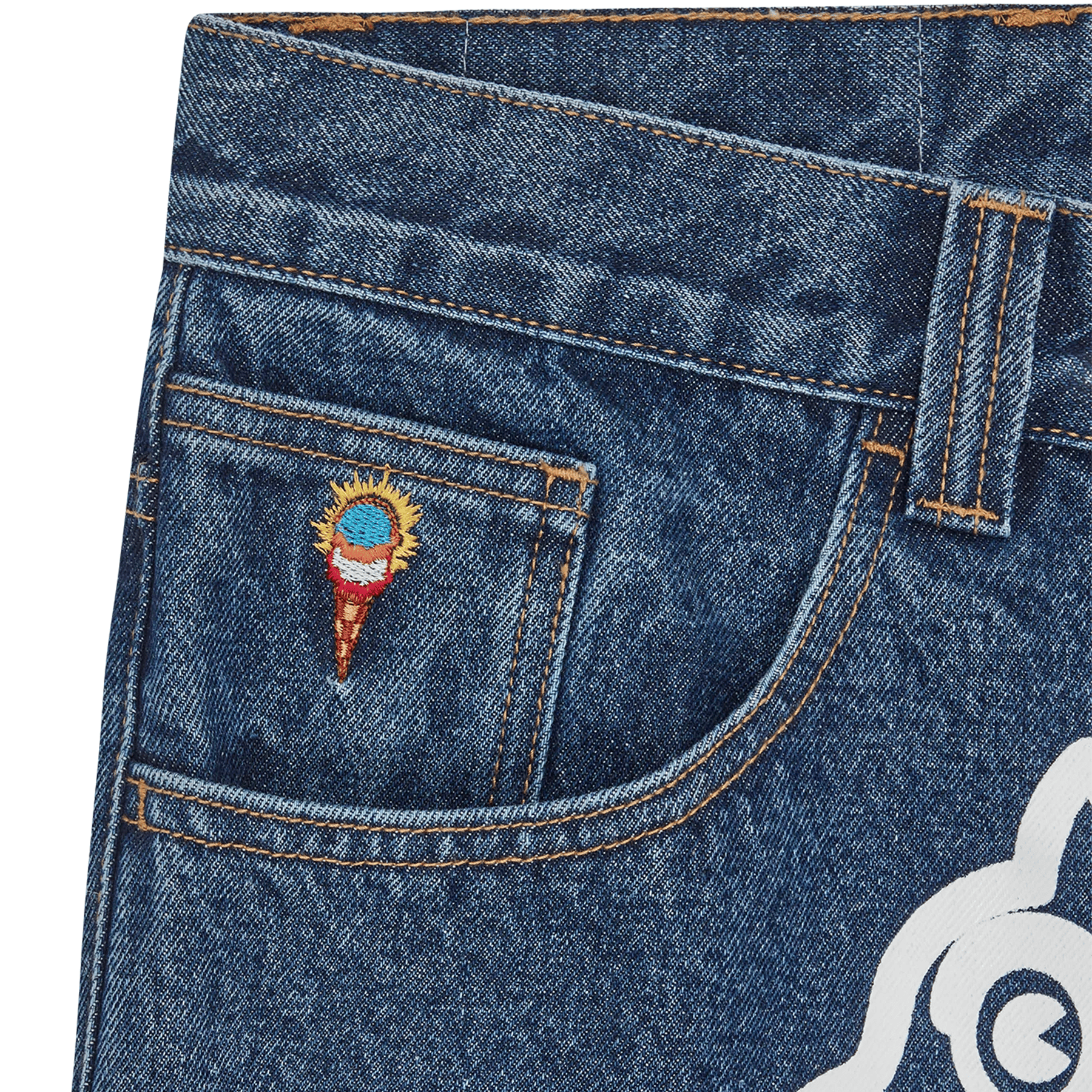 ICECREAM Running Dog Double Scoop Denim Pants 'Mid Wash Blue' — XXS — Top View