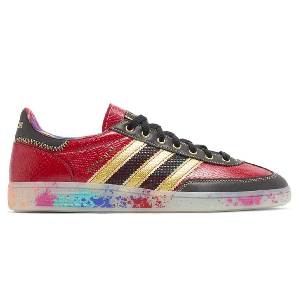 S.E.E.D. x adidas Handball Spezial 'Scarlet Gold Paint Splatter' — UK 3.5 | EU 36 | US 4 — Side View