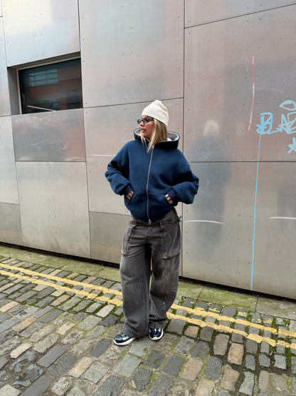 KAIZEN MARKET NAVY/STONE REVERSIBLE ZIP HOODIE — XS — Top View