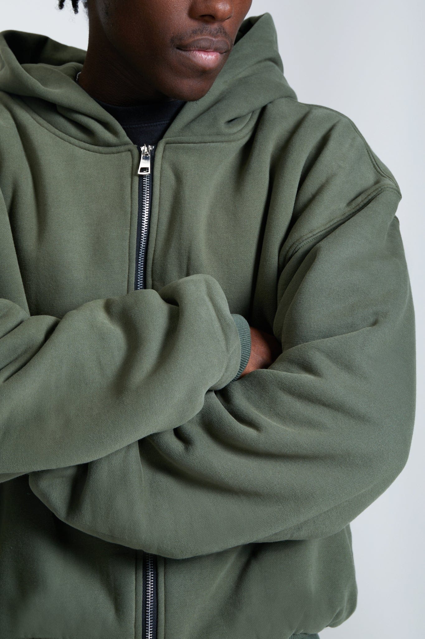 KAIZEN MARKET DOUBLE LAYERED ZIP HOODIE MILITARY — XS — Back View