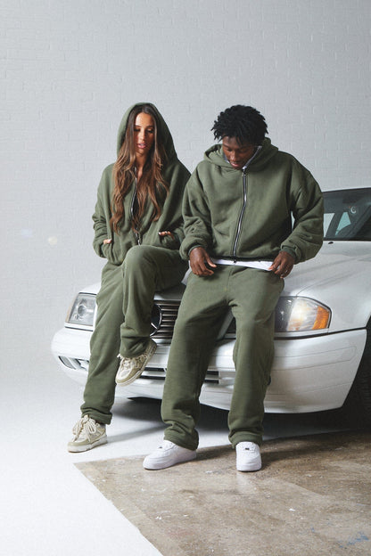 KAIZEN MARKET DOUBLE LAYERED ZIP HOODIE MILITARY — XS — Top View