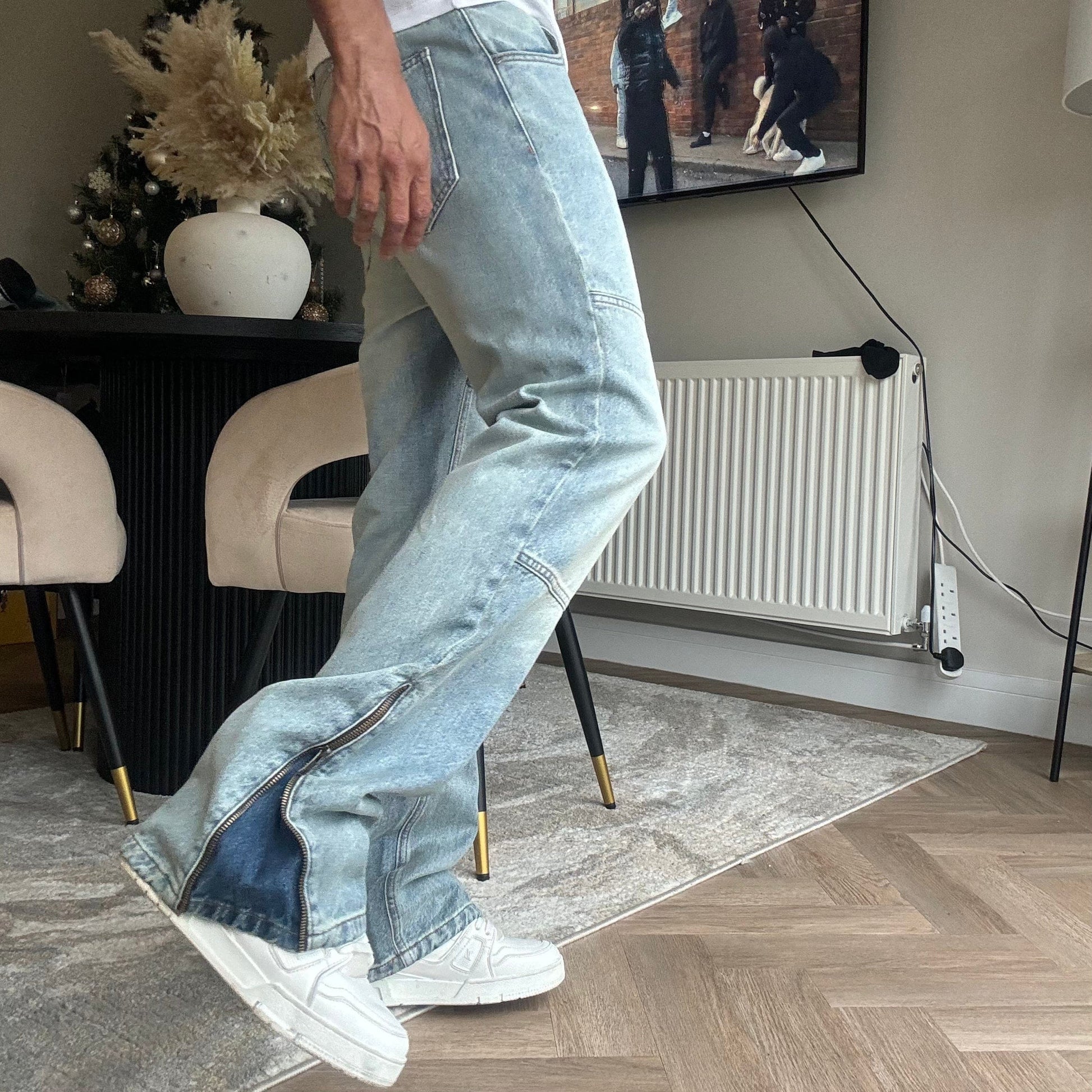 Benir Clothing Zip Flare Denim - Sky Blue — 28 — Top View