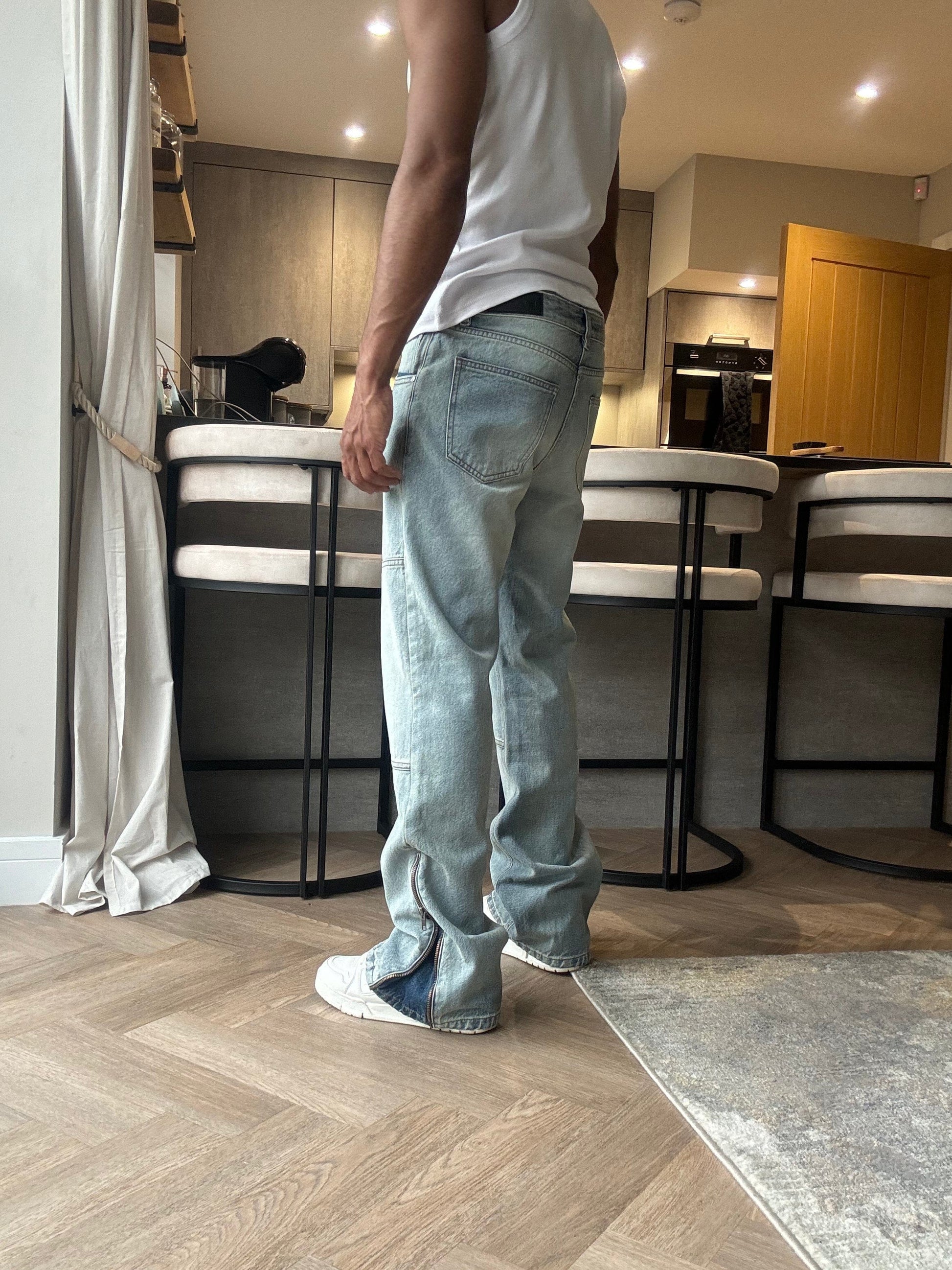Benir Clothing Zip Flare Denim - Sky Blue — 28 — Lifestyle View