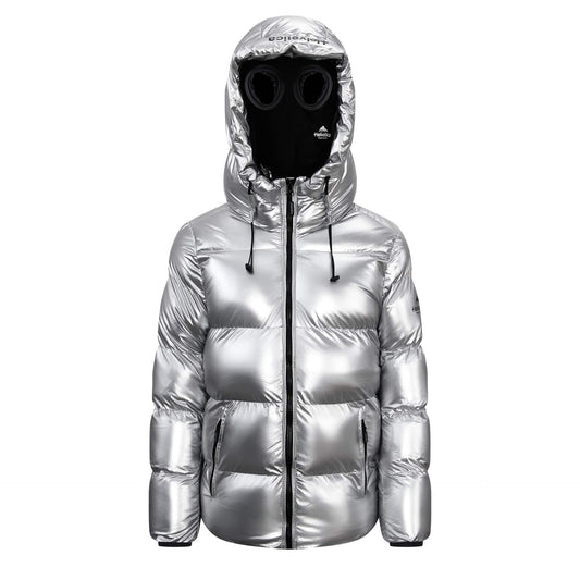 Helvetica Mountain Pioneers Cosmos Hooded Down Jacket - Silver — S — Size Silver — Front View