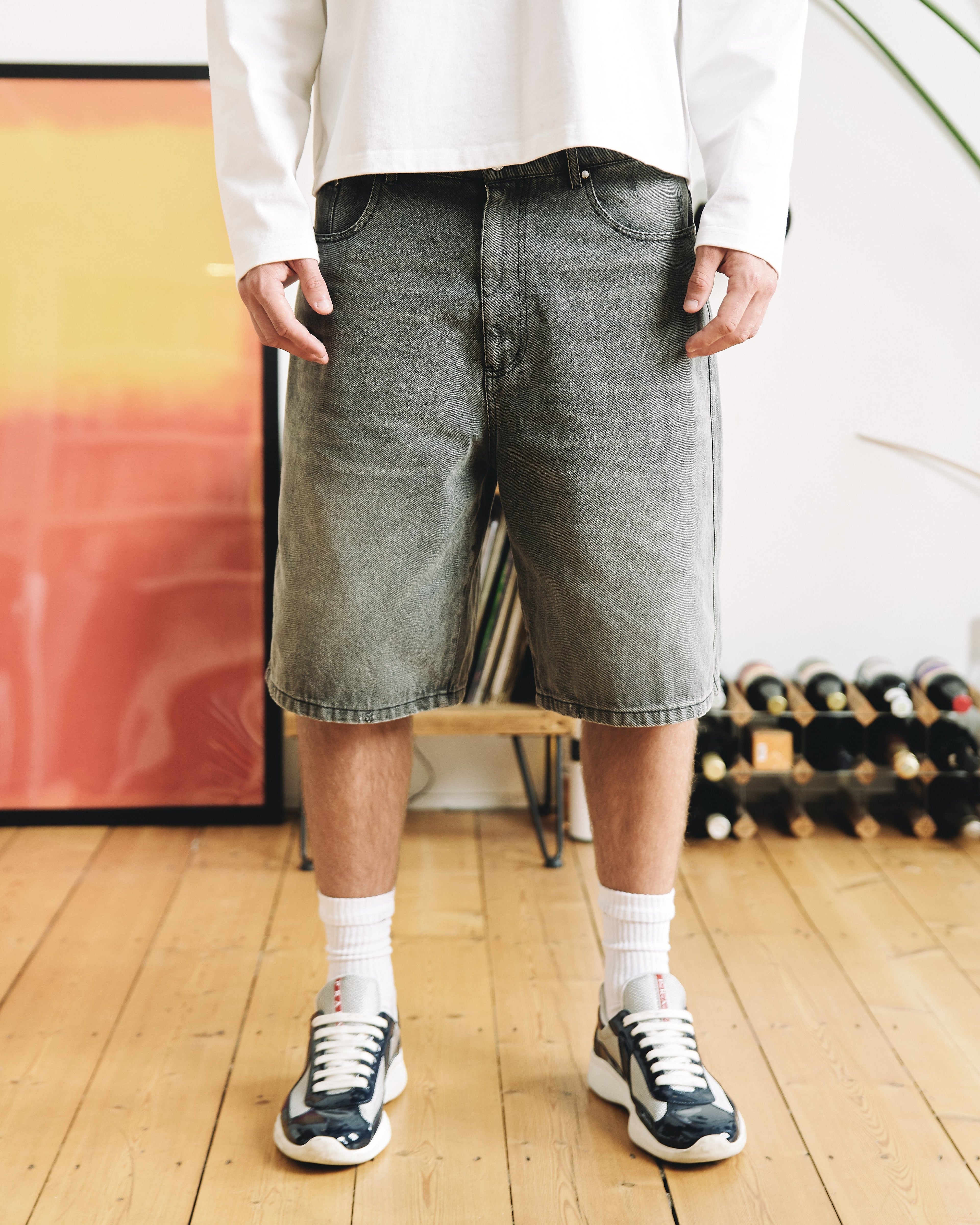 Samuel Bailey Graphite Washed Denim Jorts — S — Top View