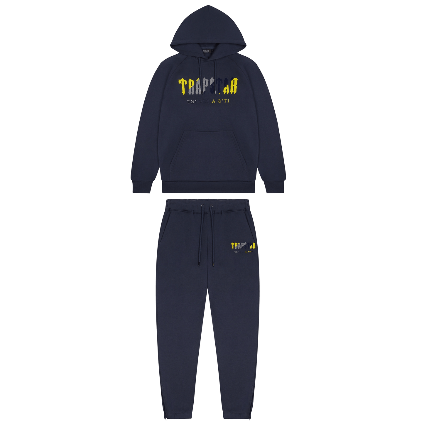 Trapstar Chenille Decoded Hooded Tracksuit-Navy/Yellow — XXS — Front View