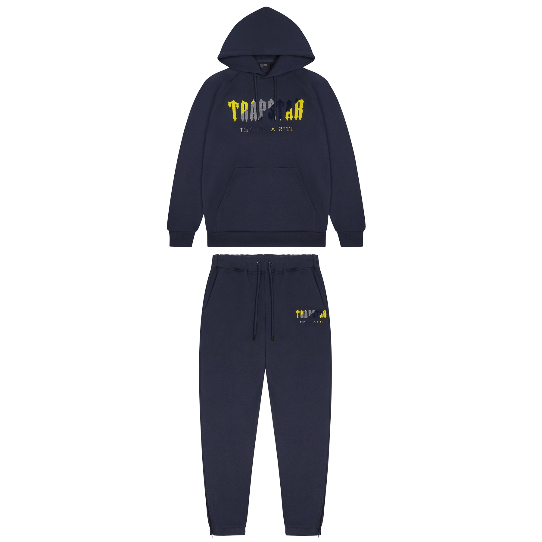 Trapstar Chenille Decoded Hooded Tracksuit-Navy/Yellow — XXS — Front View