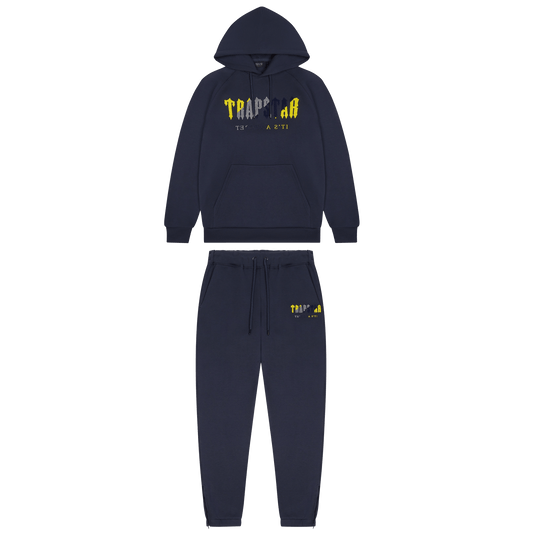Trapstar Chenille Decoded Hooded Tracksuit-Navy/Yellow — XXS — Front View