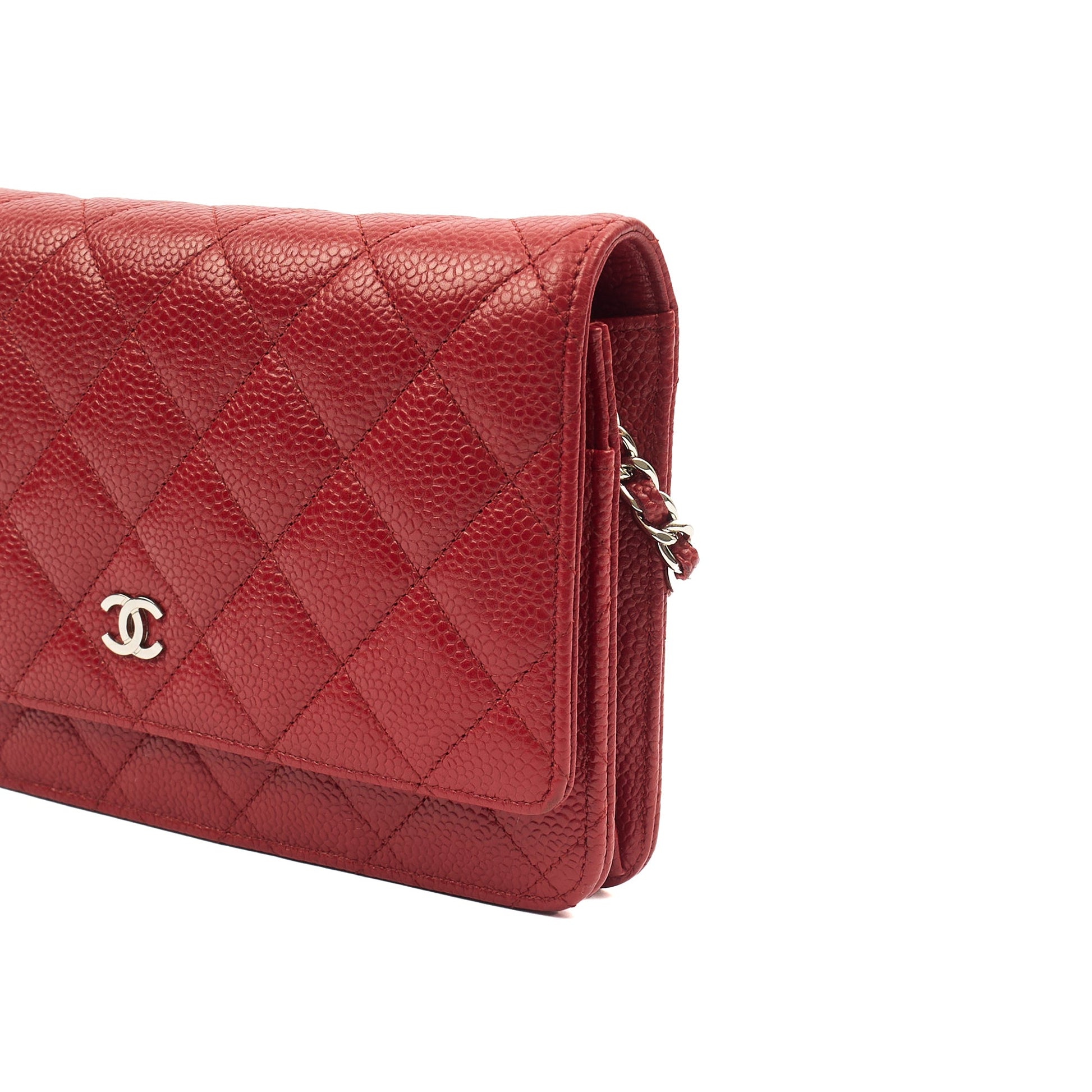 Chanel Cross Body Wallet on Chain in Red, Caviar Leather — Detail View