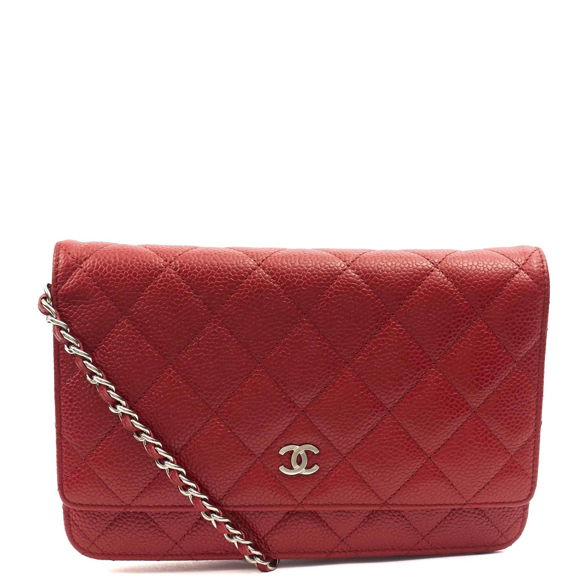 Chanel Cross Body Wallet on Chain in Red, Caviar Leather — Front View